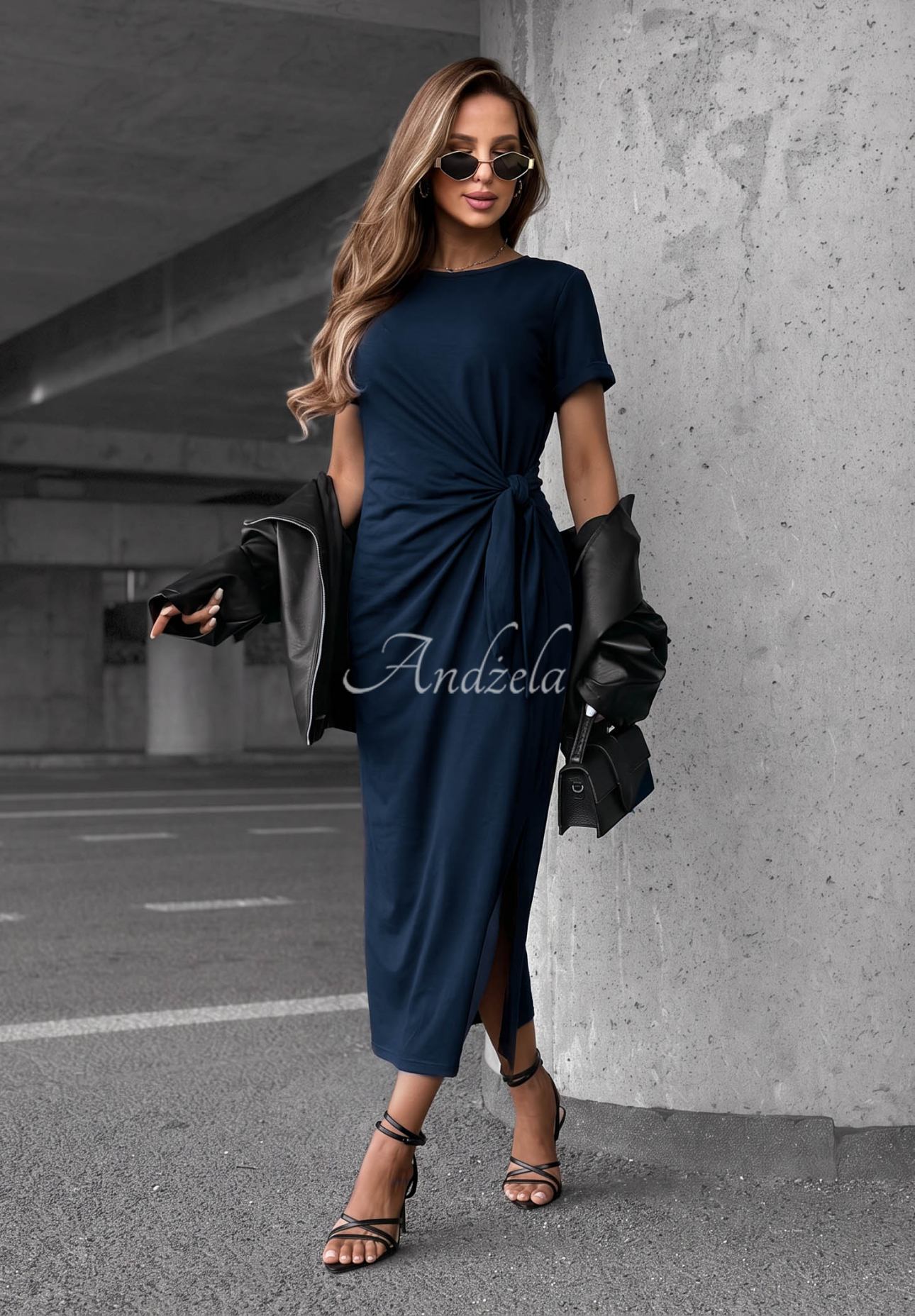 Lady Perfection Navy Blue Cotton Midi Dress with Tie and Slit
