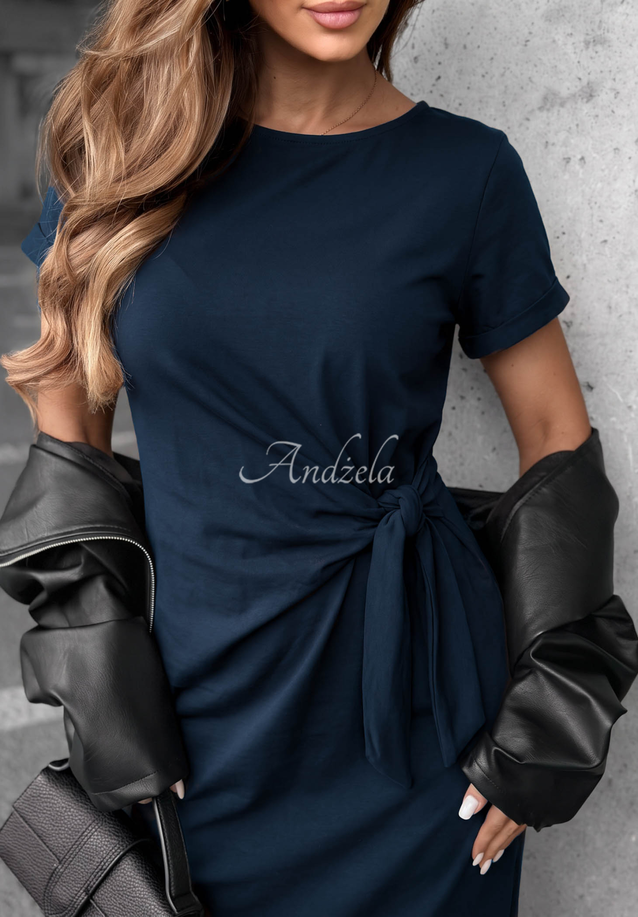 Lady Perfection Navy Blue Cotton Midi Dress with Tie and Slit