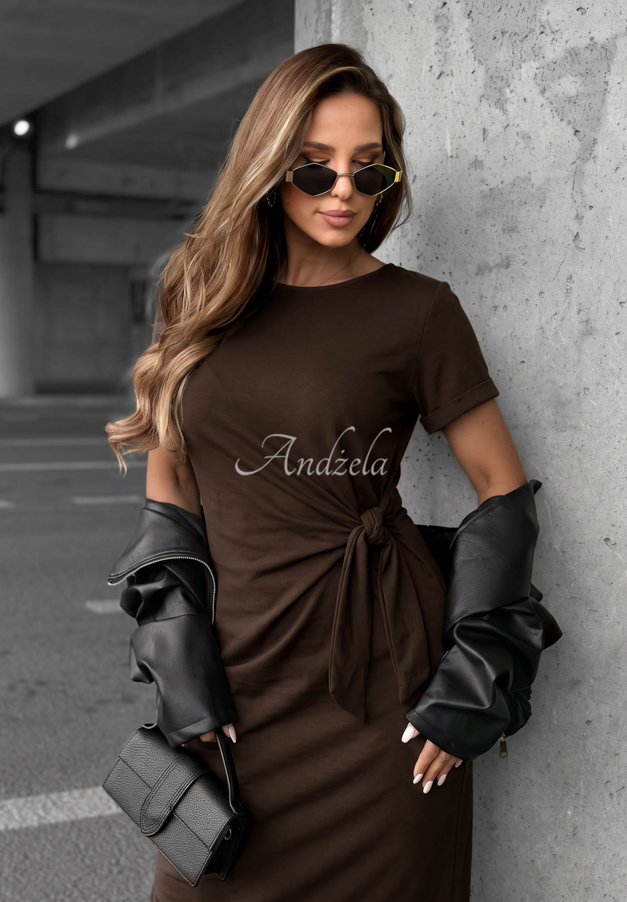 Lady Perfection Chocolate-Colored Cotton Midi Dress with Tie and Slit