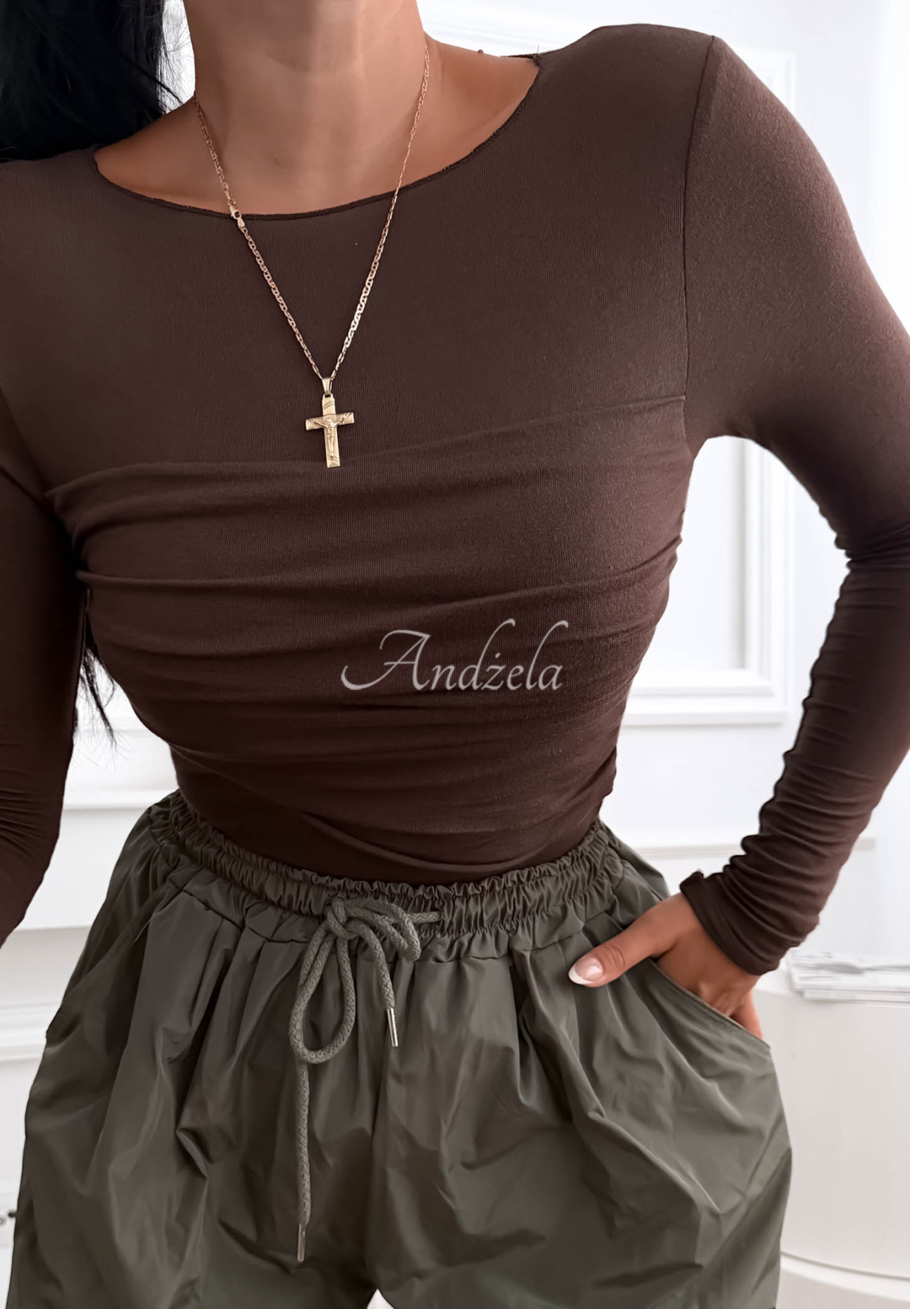 Chocolate-colored Take A Risk modal boatneck blouse
