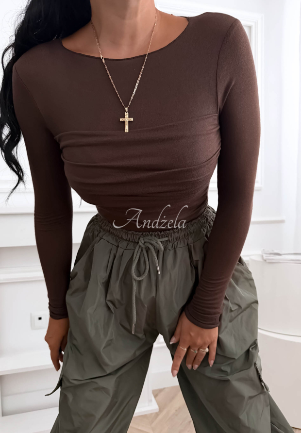 Chocolate-colored Take A Risk modal boatneck blouse