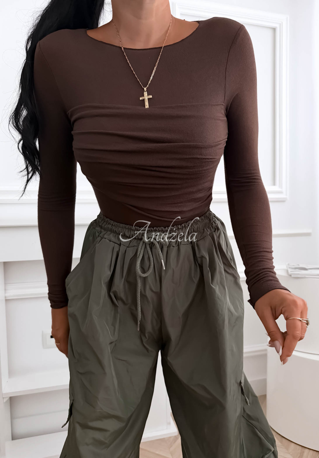 Chocolate-colored Take A Risk modal boatneck blouse