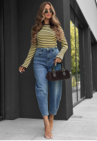 Bluzka w paski z szerokimi rękawami Stripe Touch beżowo-czekoladowa