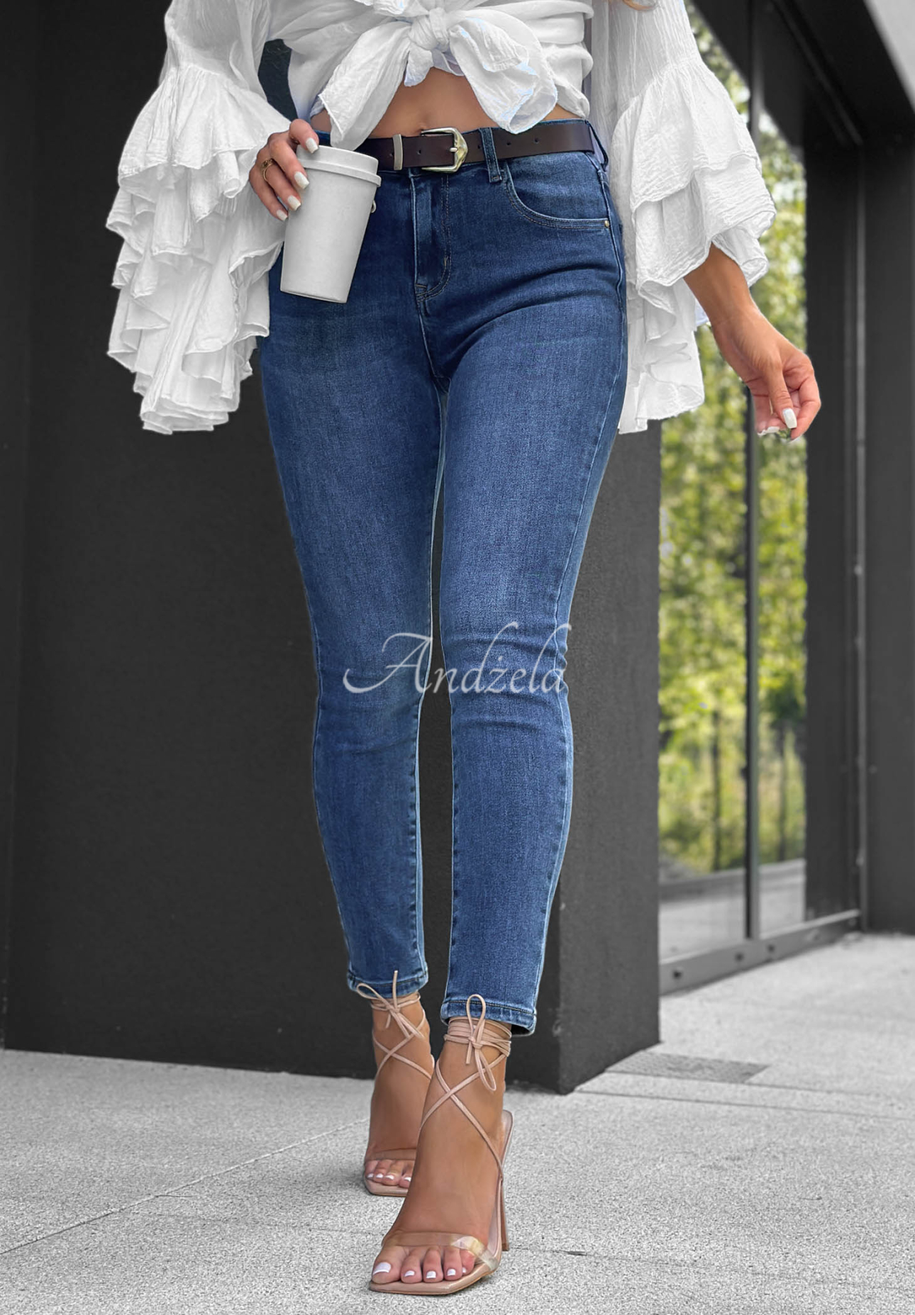 Spodnie jeansowe skinny z paskiem Lost Again ciemnoniebieskie