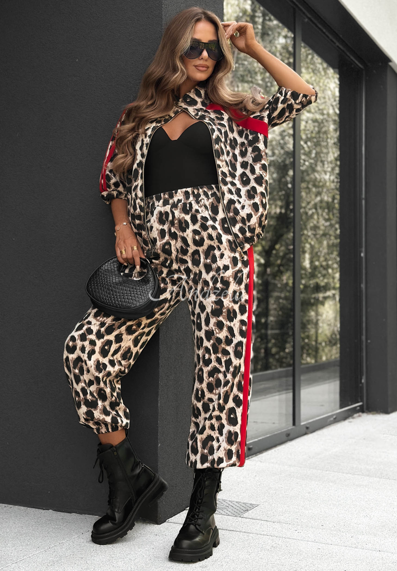 Leopard Touch Beige and Red Viscose Leopard-Print Sweatsuit Set
