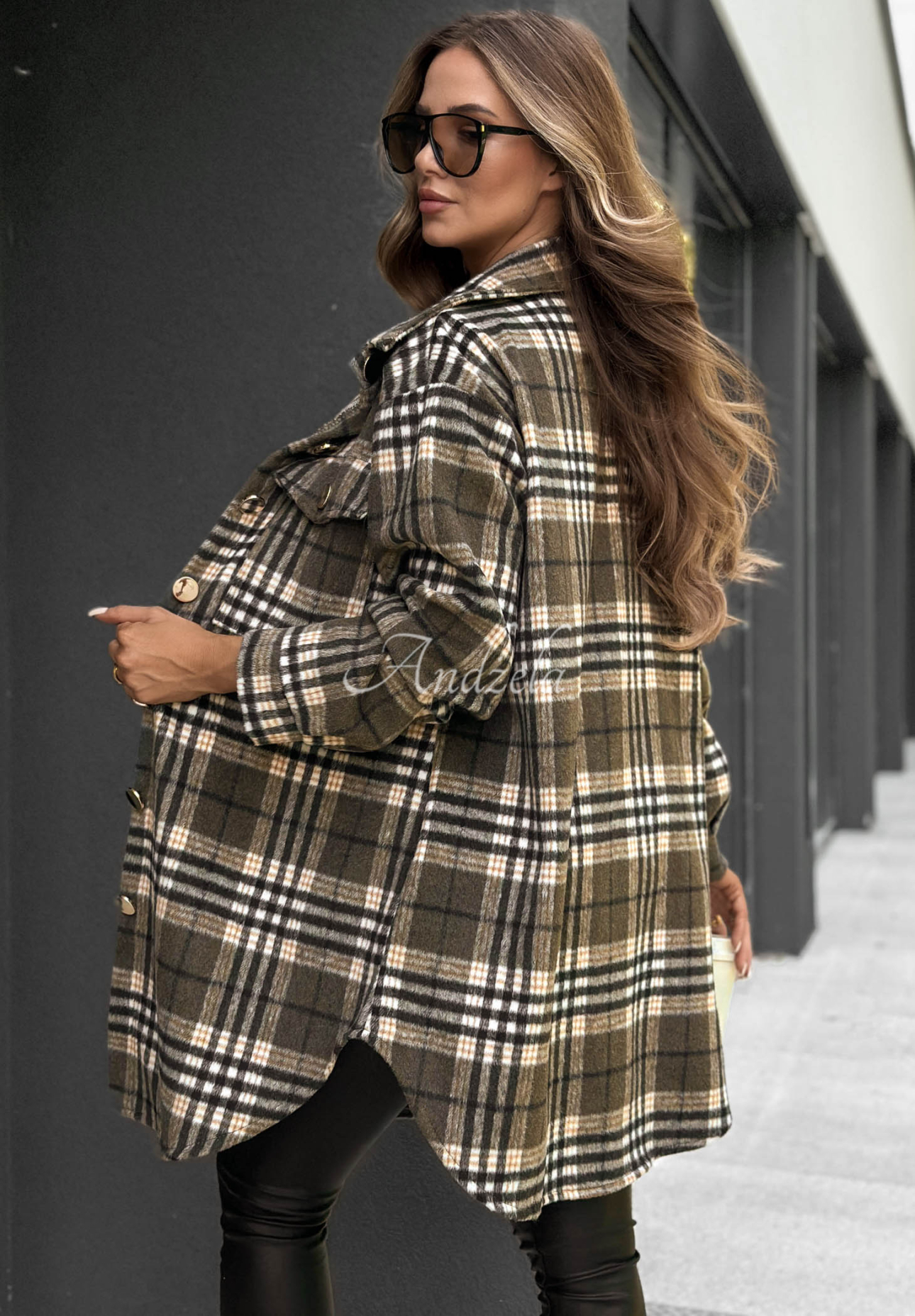 Autumn Bear Khaki Long Checked Oversized Shirt