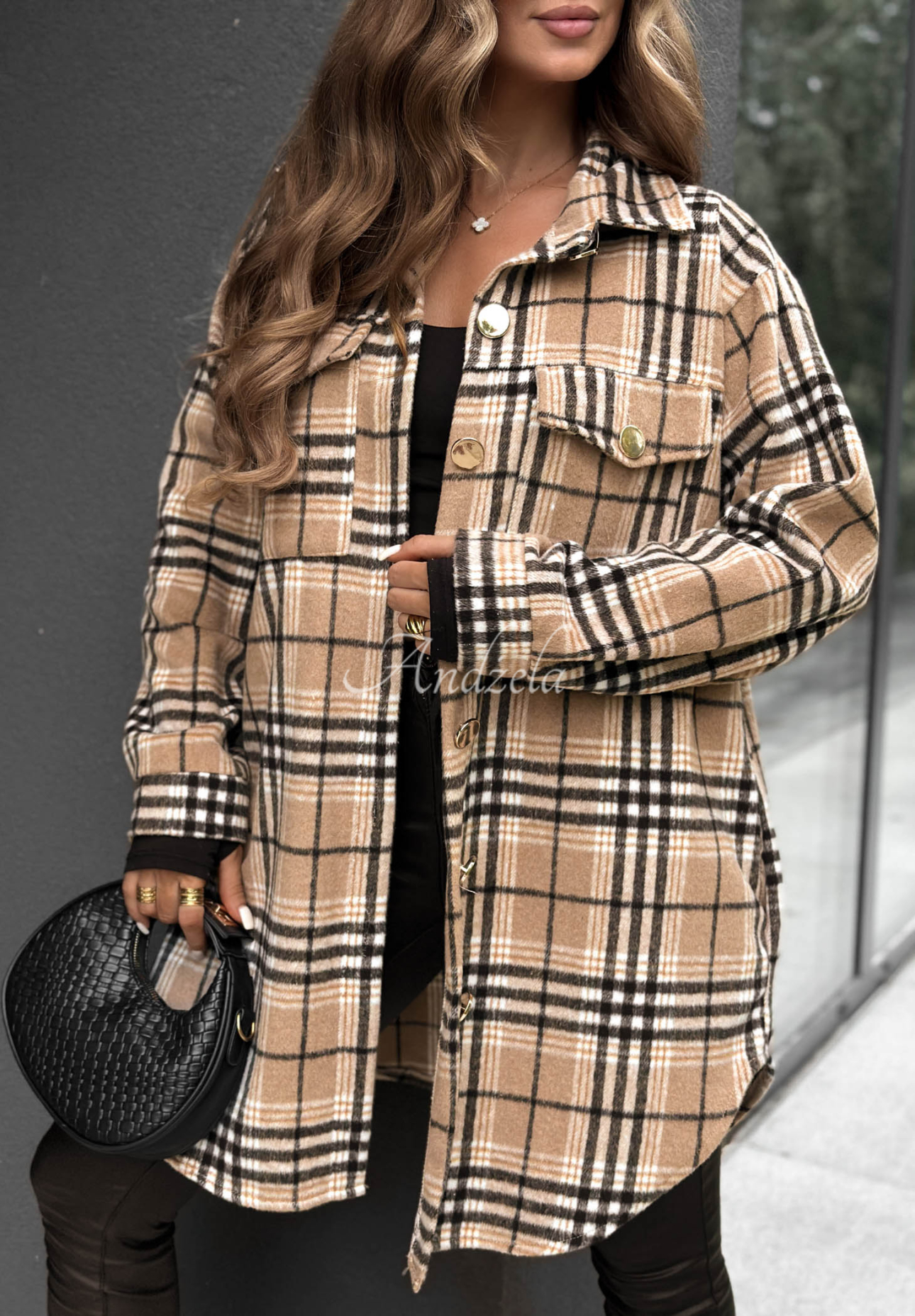 Autumn Bear Long Checked Oversized Shirt in Camel
