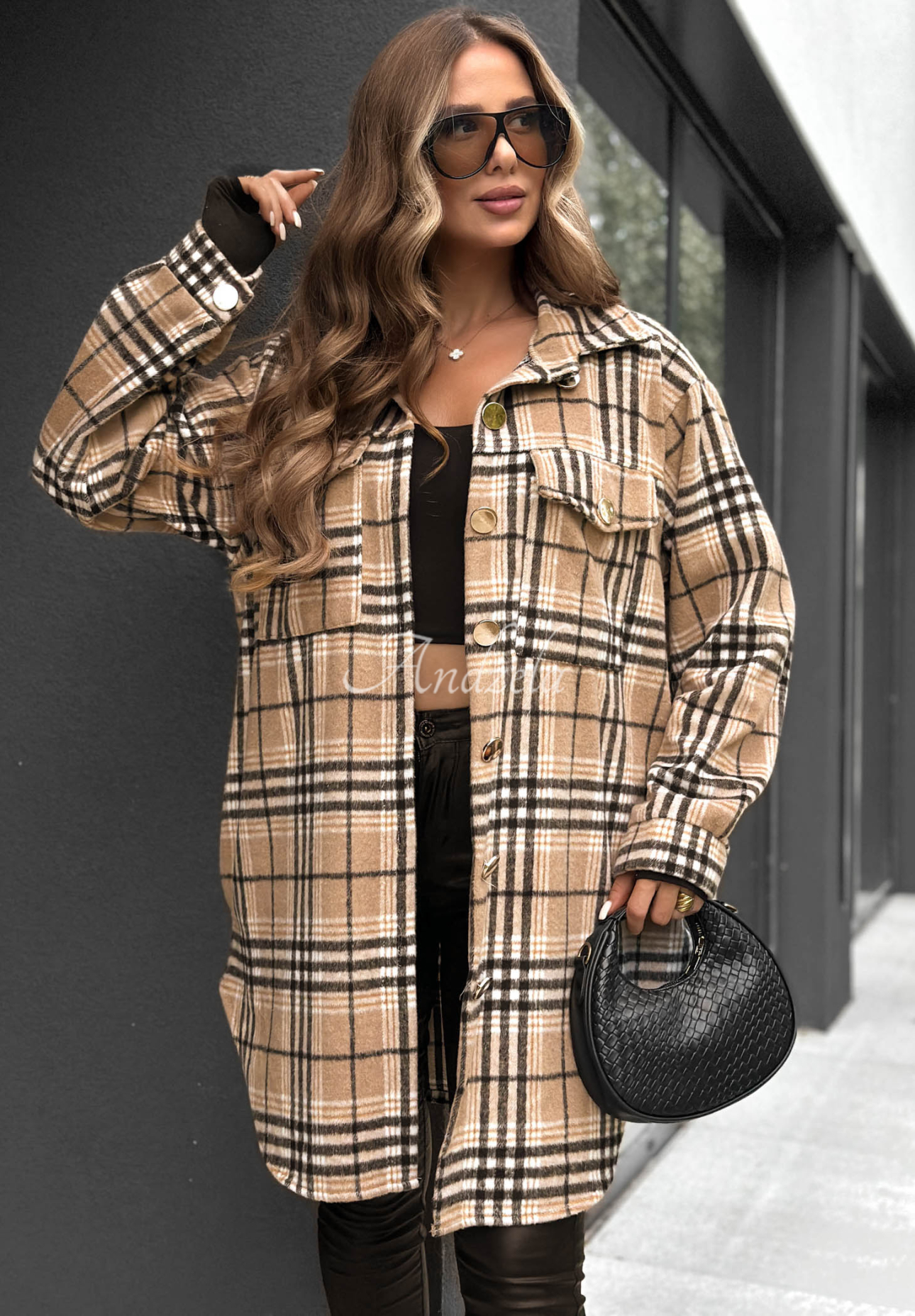 Autumn Bear Long Checked Oversized Shirt in Camel