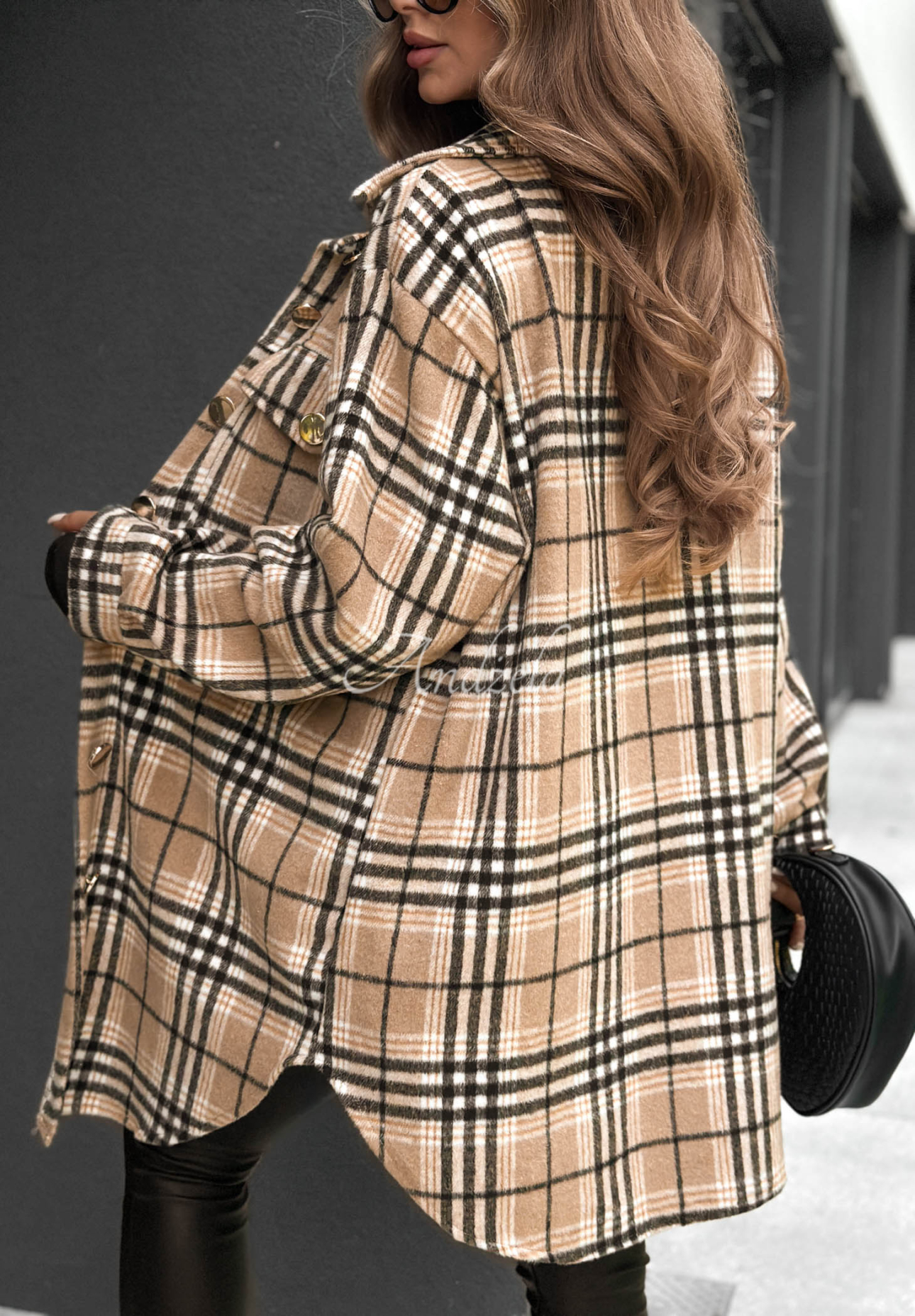 Autumn Bear Long Checked Oversized Shirt in Camel