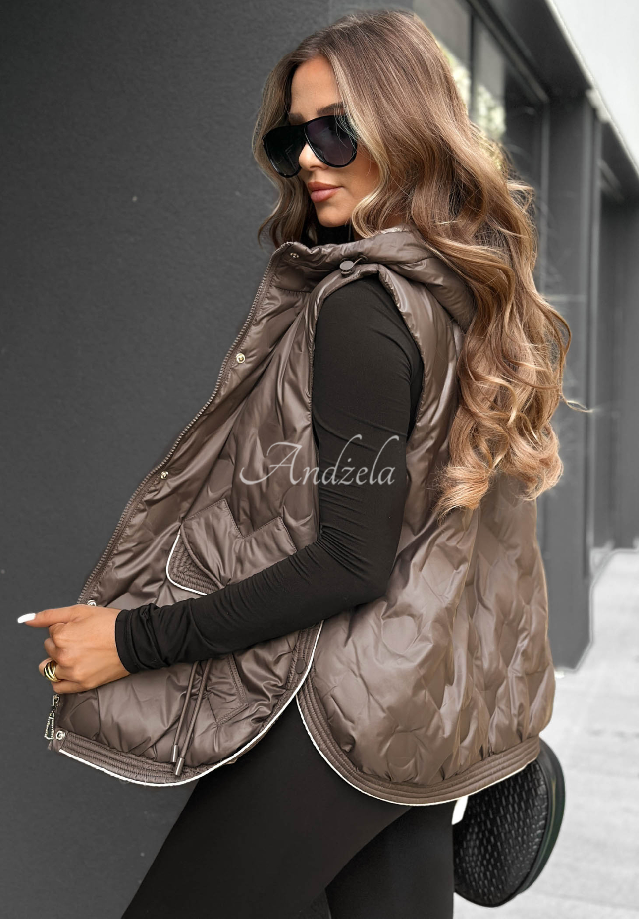 Morning Dew Chocolate-Colored Quilted Hooded Vest