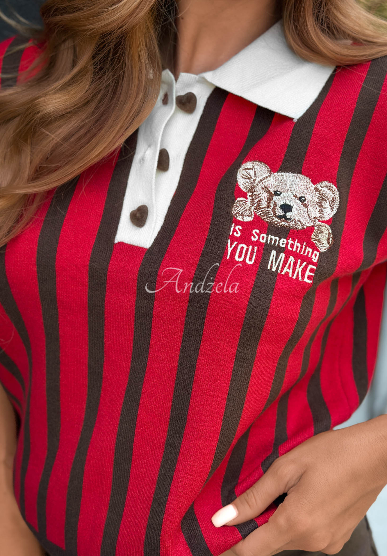 Something Fluffy Red and Chocolate-Brown Viscose Sweater with a Bear
