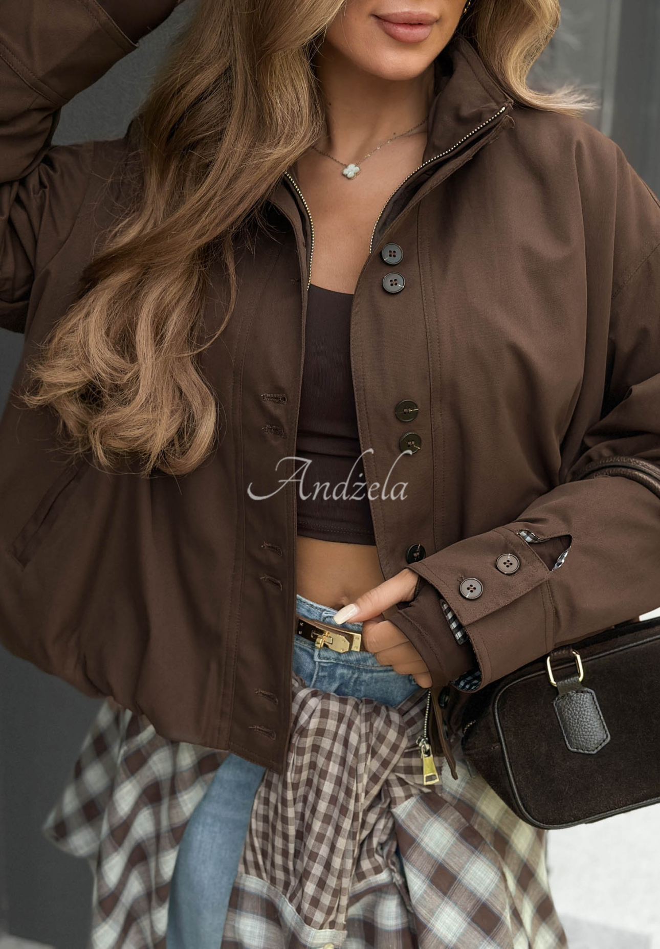 Hazel Charm Short Bomber Jacket with Stand-Up Collar in Chocolate Brown