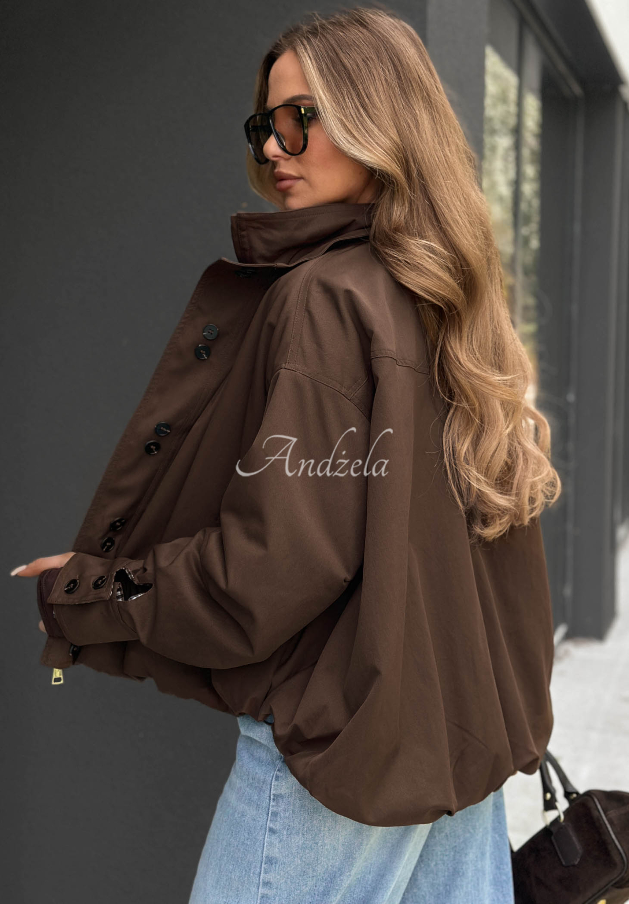 Hazel Charm Short Bomber Jacket with Stand-Up Collar in Chocolate Brown