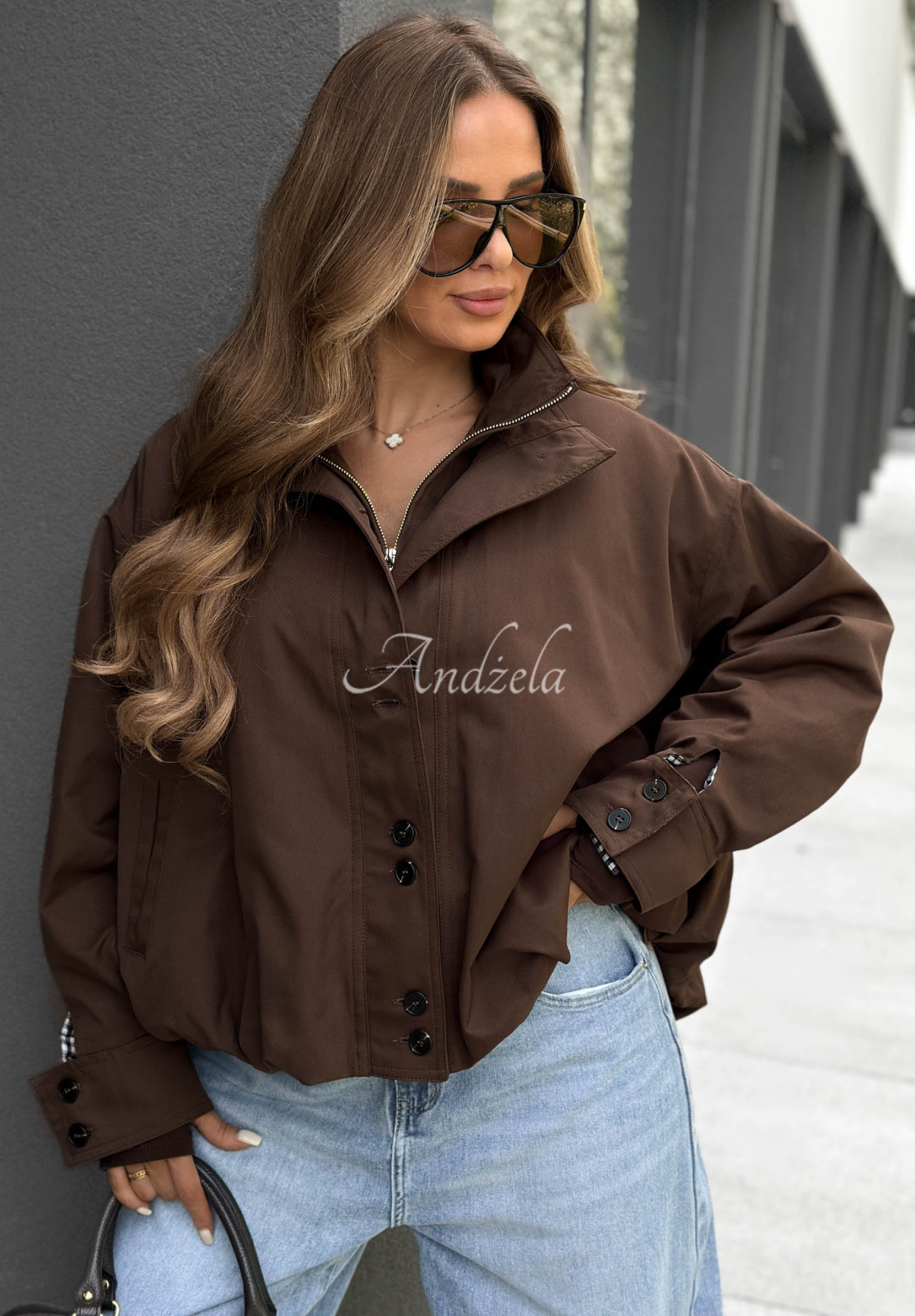 Hazel Charm Short Bomber Jacket with Stand-Up Collar in Chocolate Brown