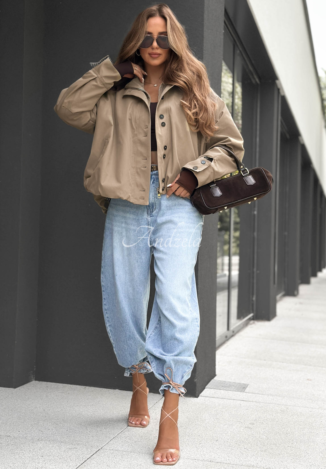 Hazel Charm Short Bomber Jacket with Stand-Up Collar, Beige