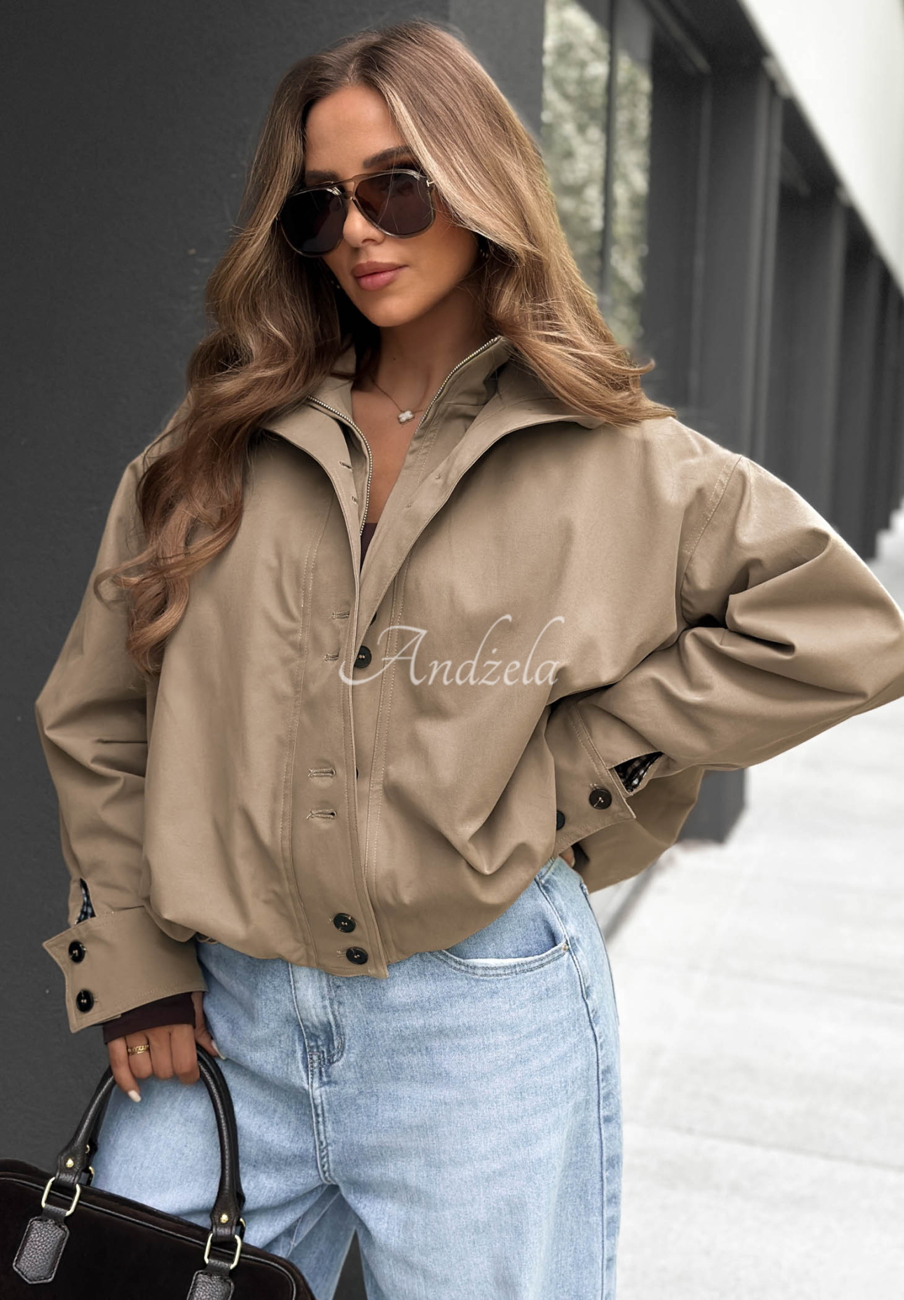 Hazel Charm Short Bomber Jacket with Stand-Up Collar, Beige