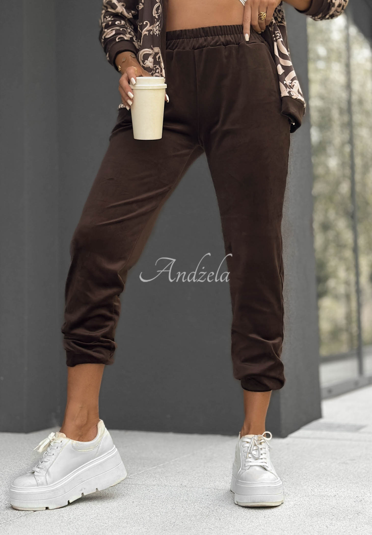 Think Positive Chocolate-Colored Patterned Bomber Jacket and Pants Set