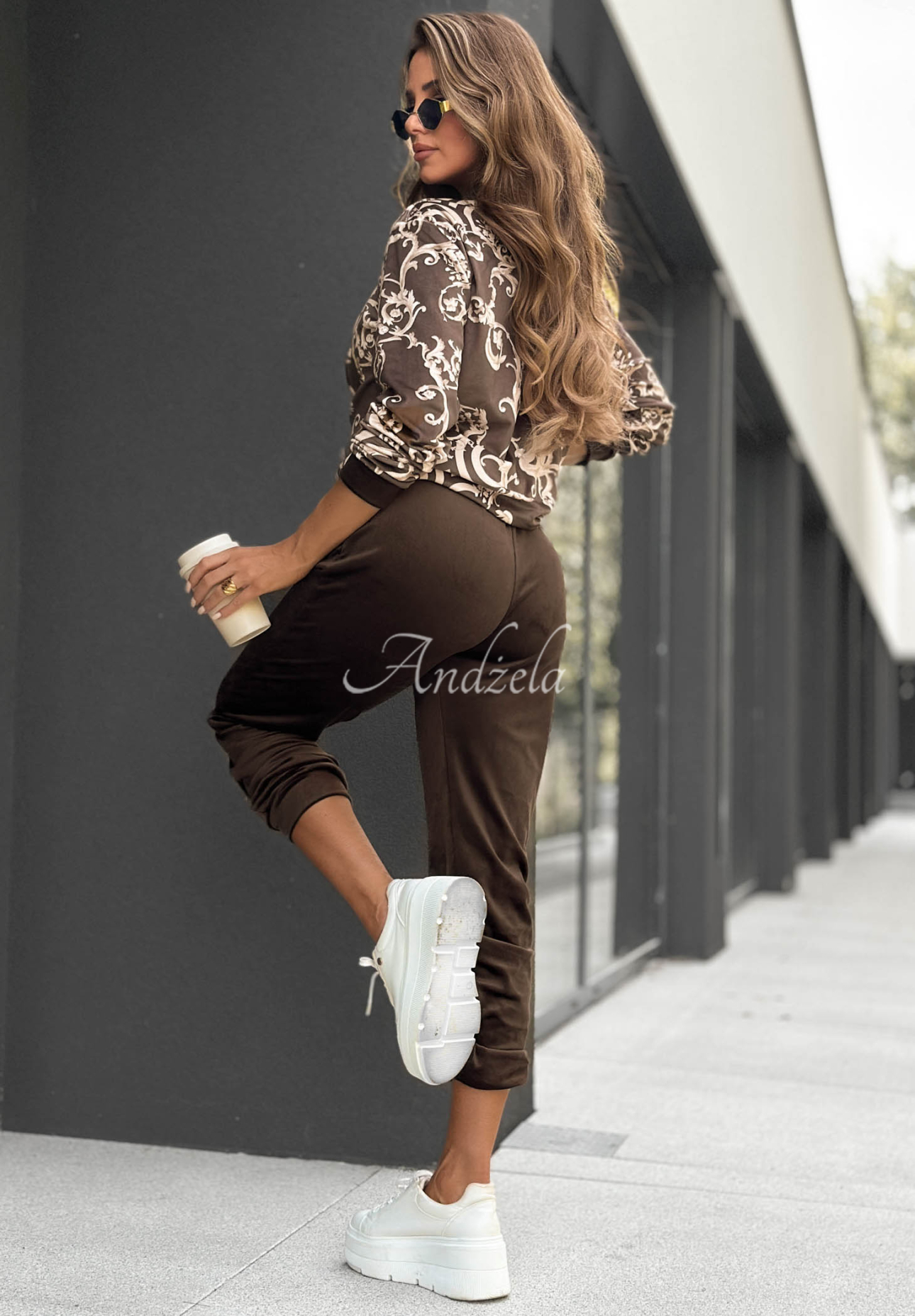 Think Positive Chocolate-Colored Patterned Bomber Jacket and Pants Set