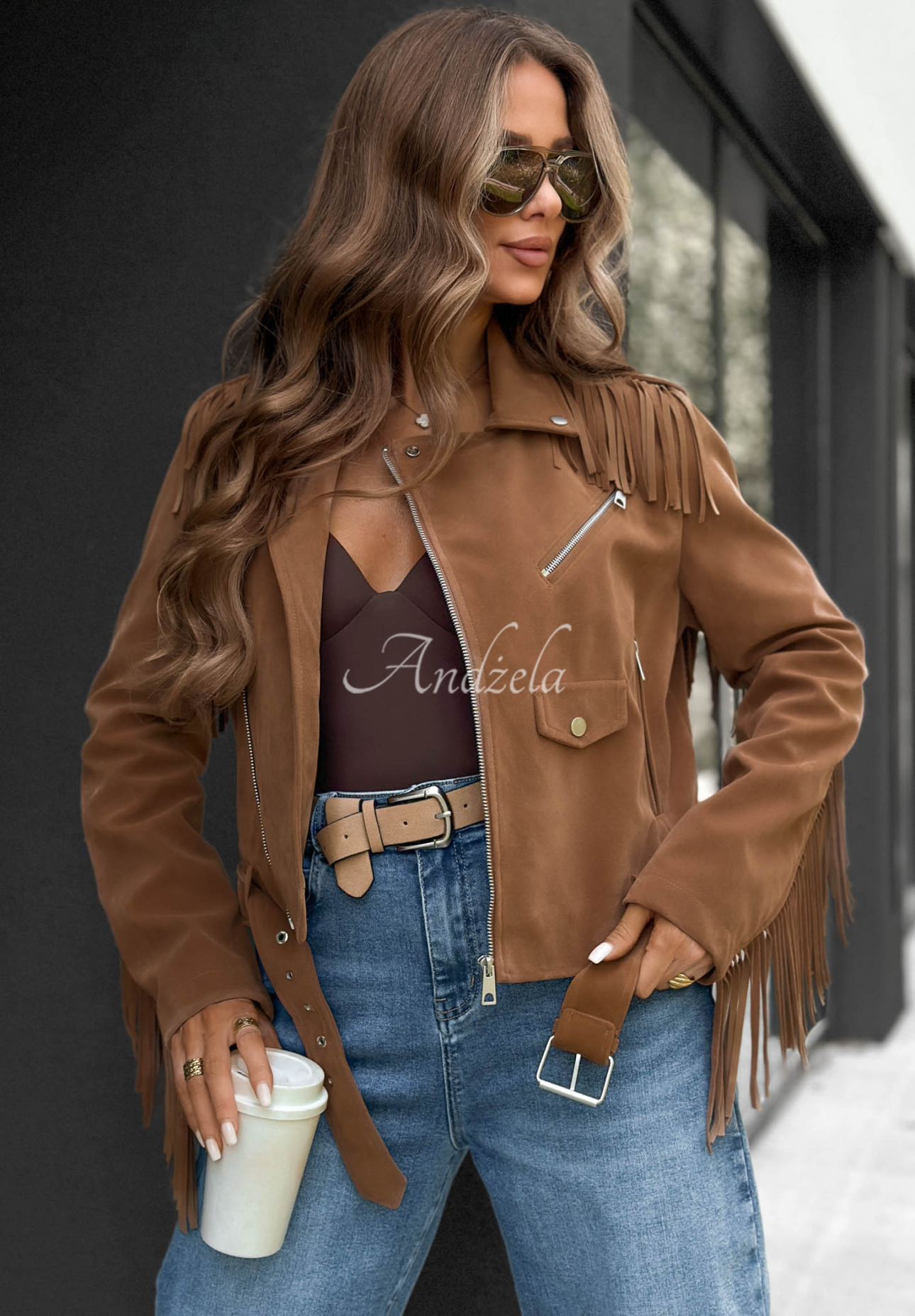 Cloudy Days Camel Suede Fringed Biker Jacket