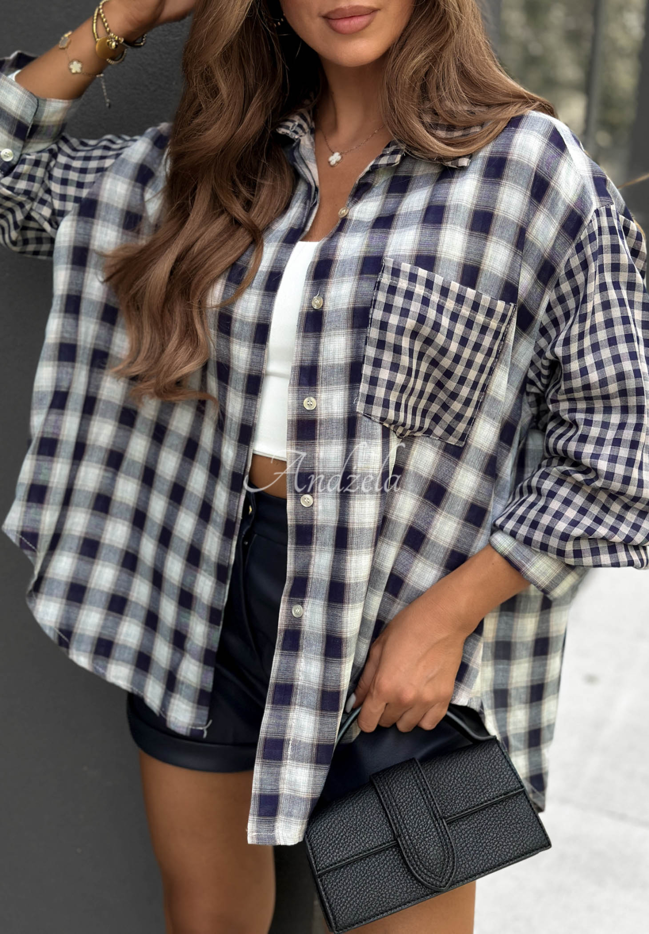 Long, asymmetrical checkered cotton shirt, Autumn Check, navy blue