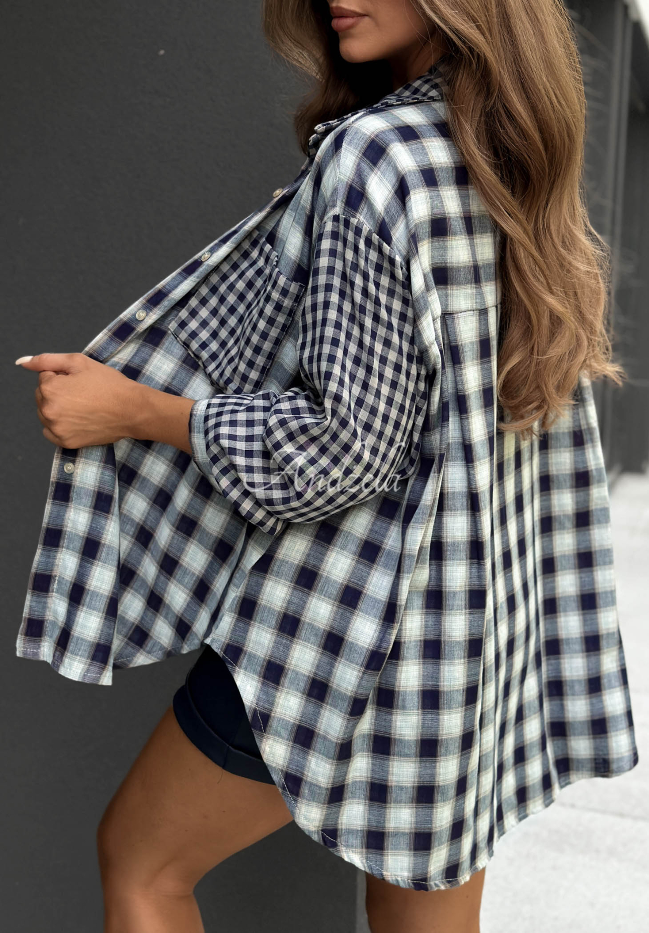 Long, asymmetrical checkered cotton shirt, Autumn Check, navy blue