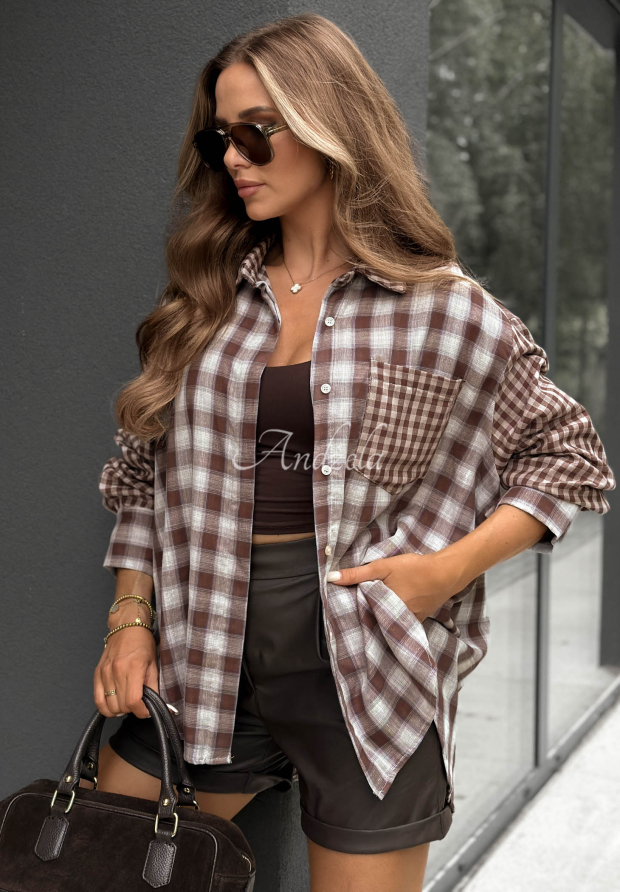 Long, asymmetrical checkered cotton shirt in Autumn Check, chocolate brown