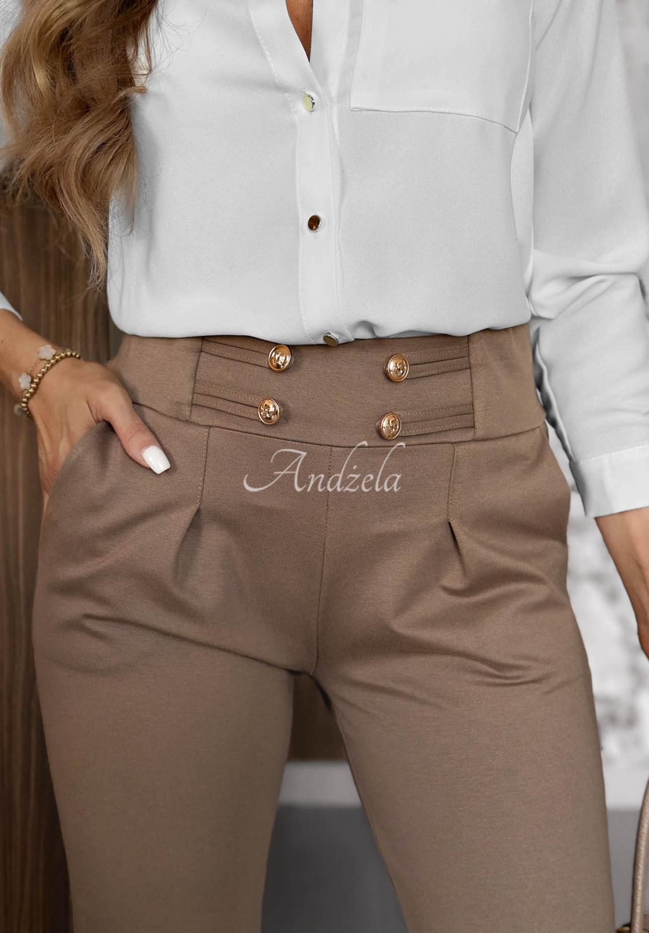 Hello There Beige Viscose Pants with Buttons