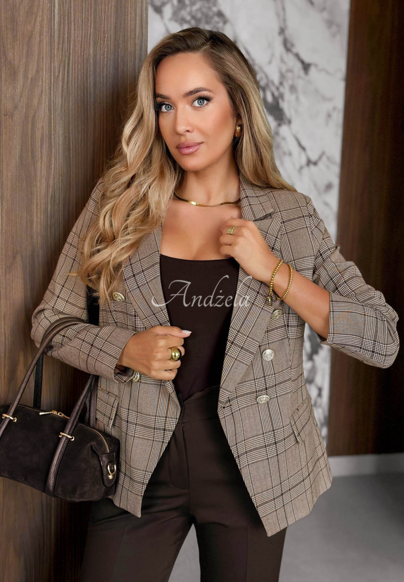 Soft Edition mocha-colored double-breasted viscose checkered blazer