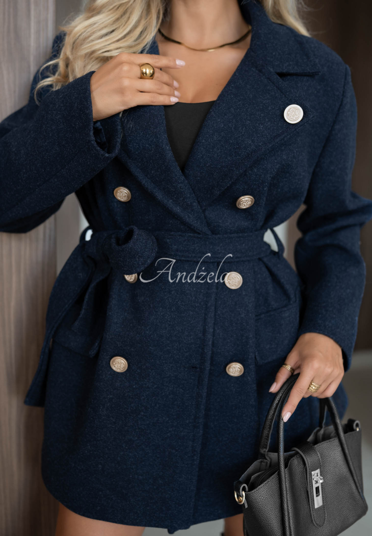 Autumn Secret Double-Breasted Coat with Belt, Navy Blue