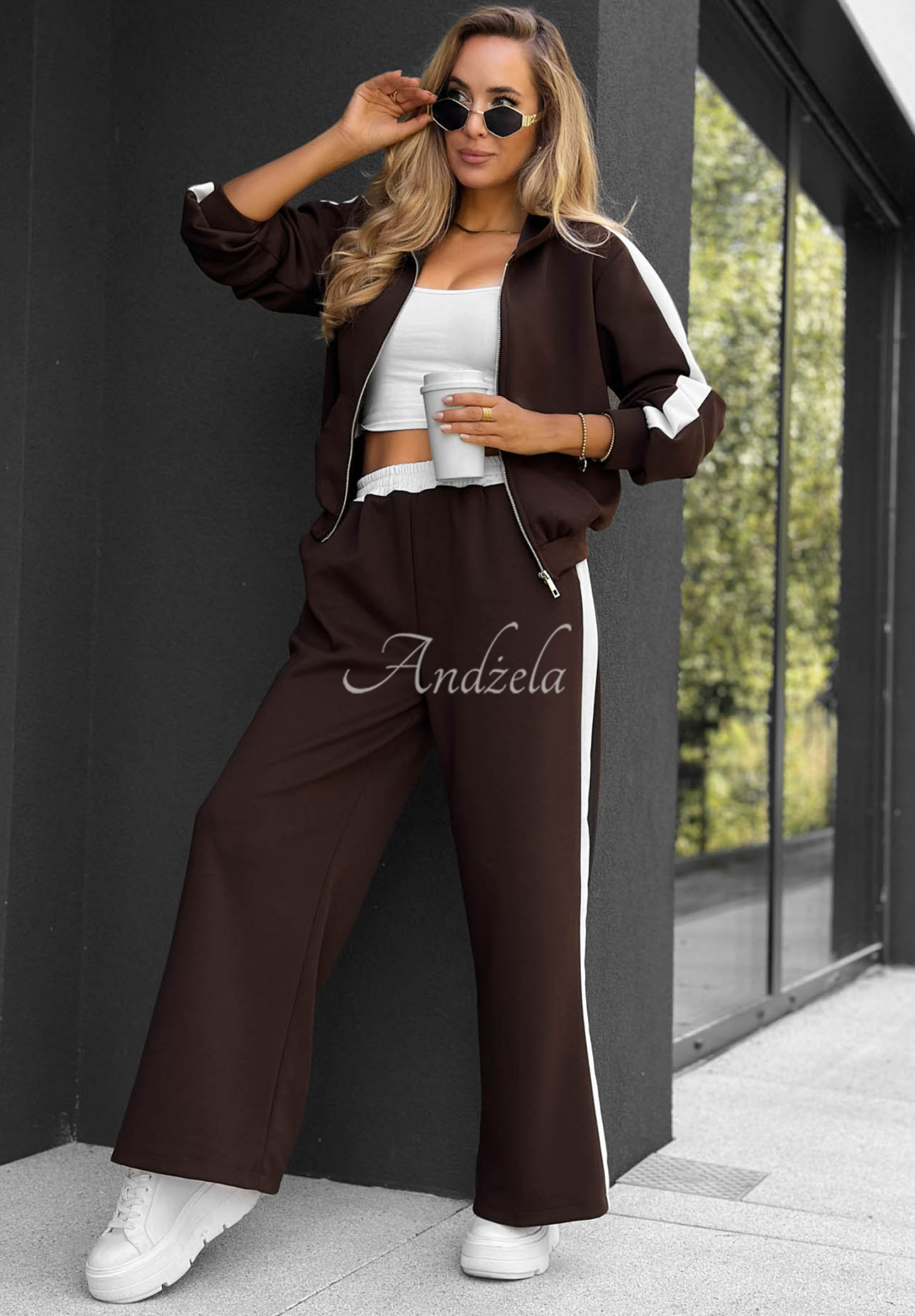 Lazy Sunday Chocolate-Colored Sweatshirt and Pants Set with a Stripe