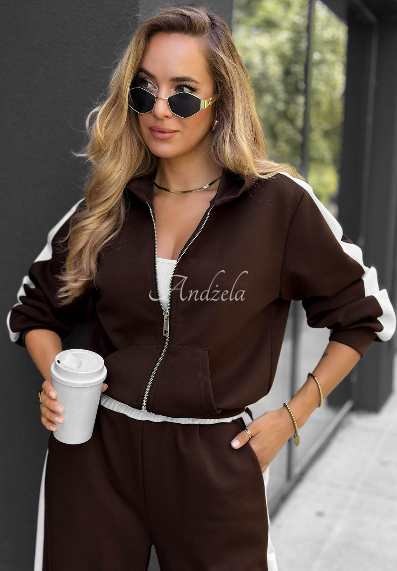 Lazy Sunday Chocolate-Colored Sweatshirt and Pants Set with a Stripe