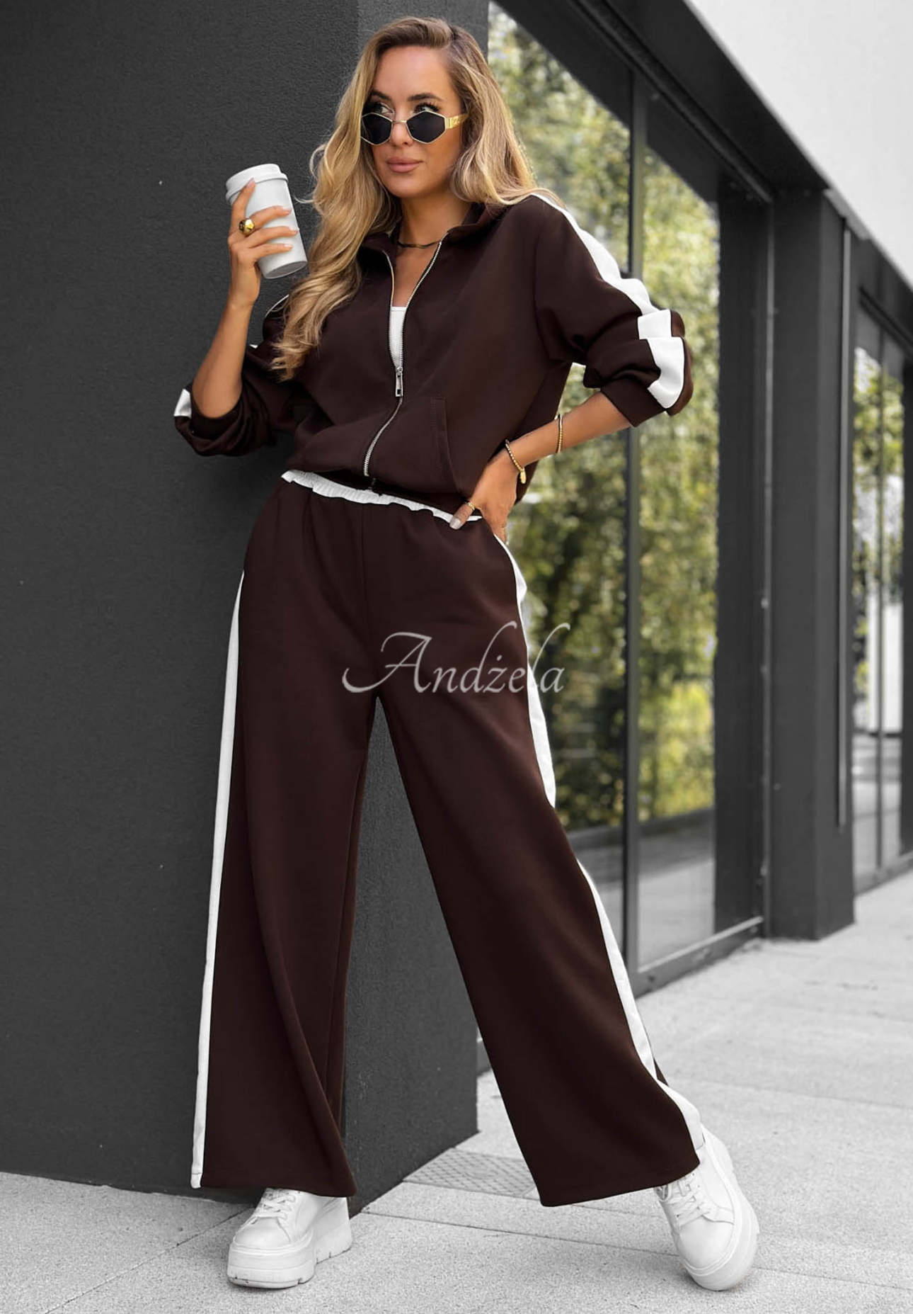 Lazy Sunday Chocolate-Colored Sweatshirt and Pants Set with a Stripe