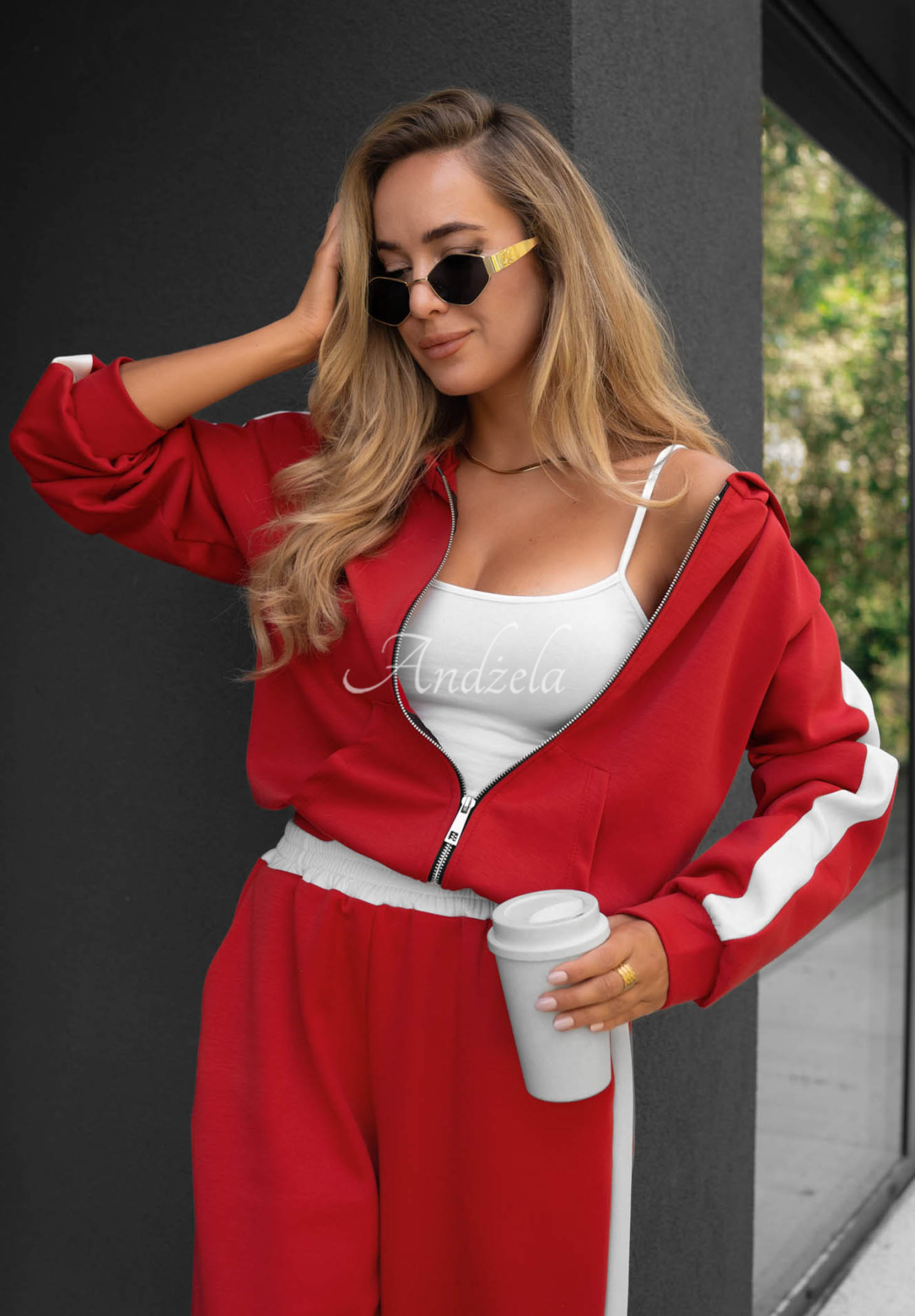 Lazy Sunday Red Sweatshirt and Pants Set with a Stripe