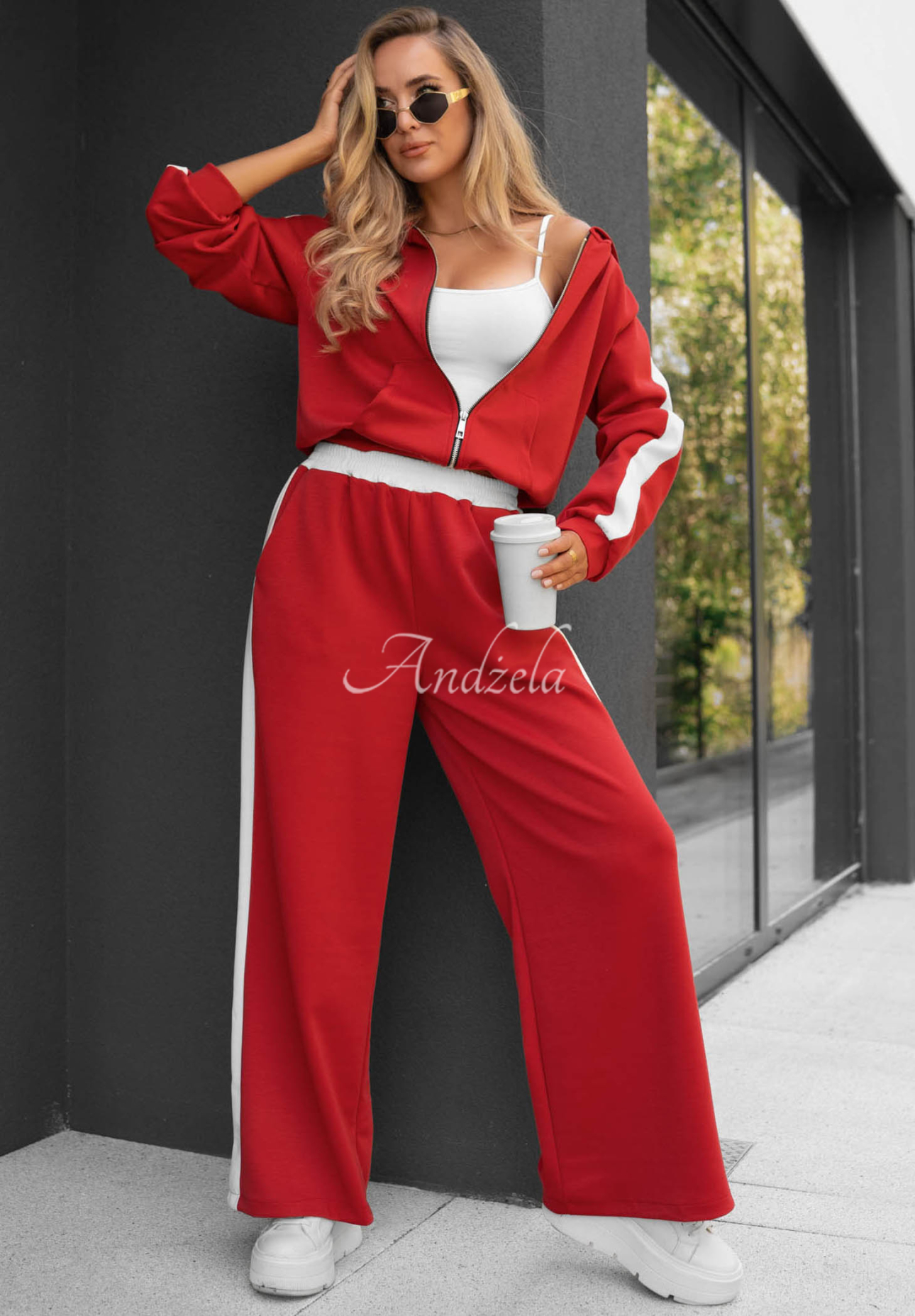 Lazy Sunday Red Sweatshirt and Pants Set with a Stripe