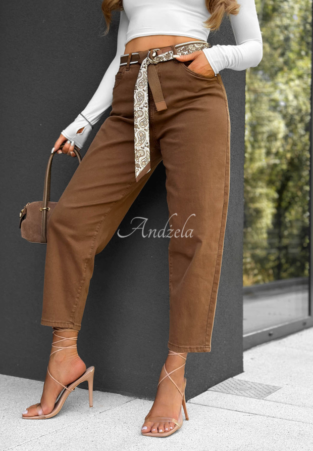 Camel-colored Sun Fade mom-fit jeans with a belt