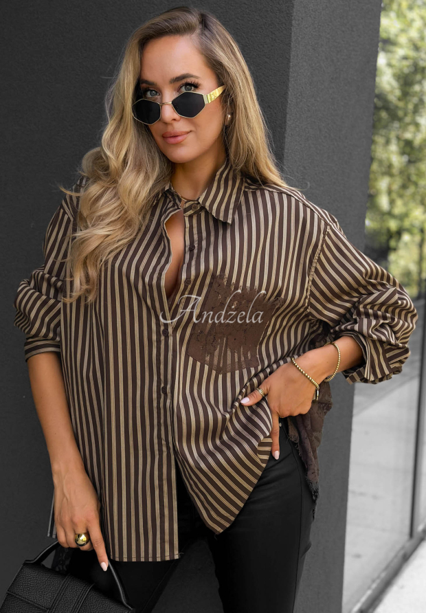 Bawełniana koszula oversize w paski Stripe Charm beżowo-czekoladowa