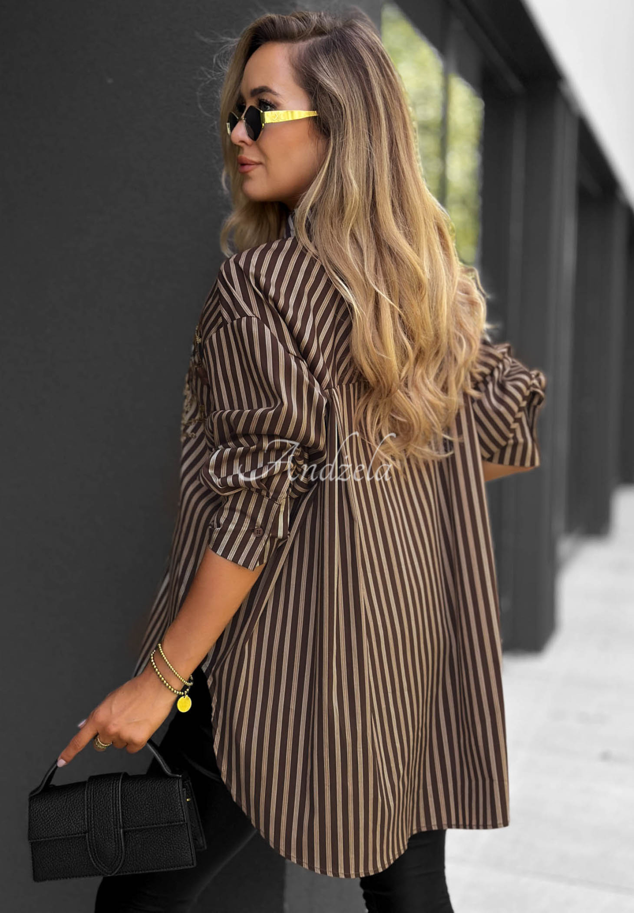 Beige and chocolate-brown striped cotton shirt with decorative "Light Harmony" appliqué