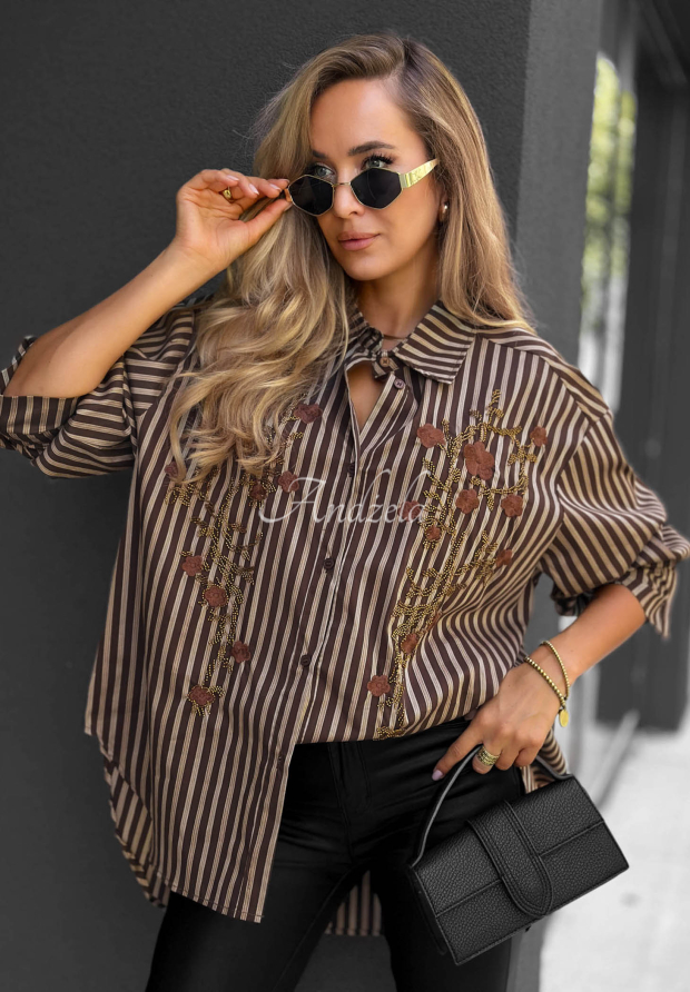 Beige and chocolate-brown striped cotton shirt with decorative "Light Harmony" appliqu&eacute;
