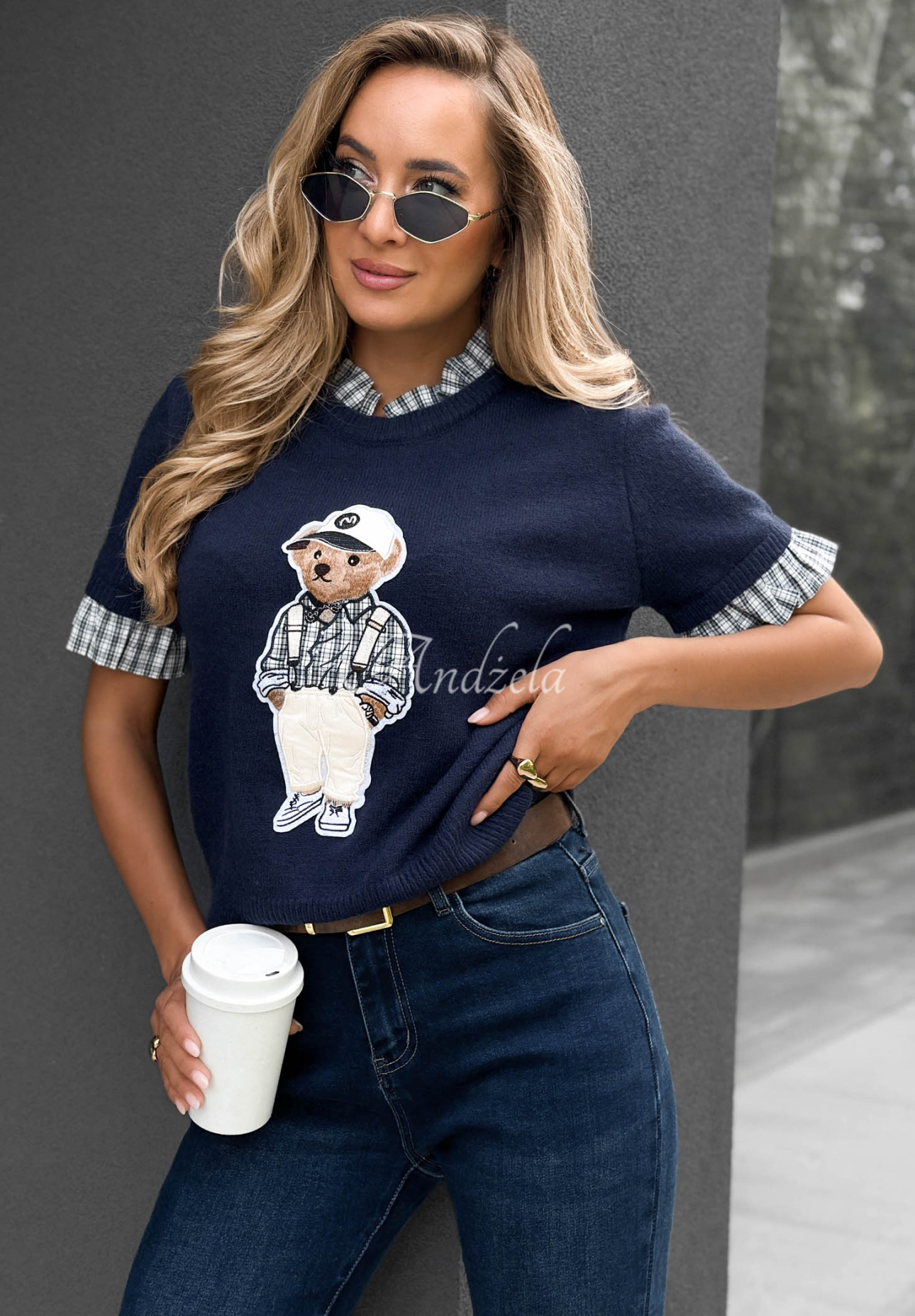 Wiskozowy sweter na krótki rękaw z misiem Little Teddy granatowy