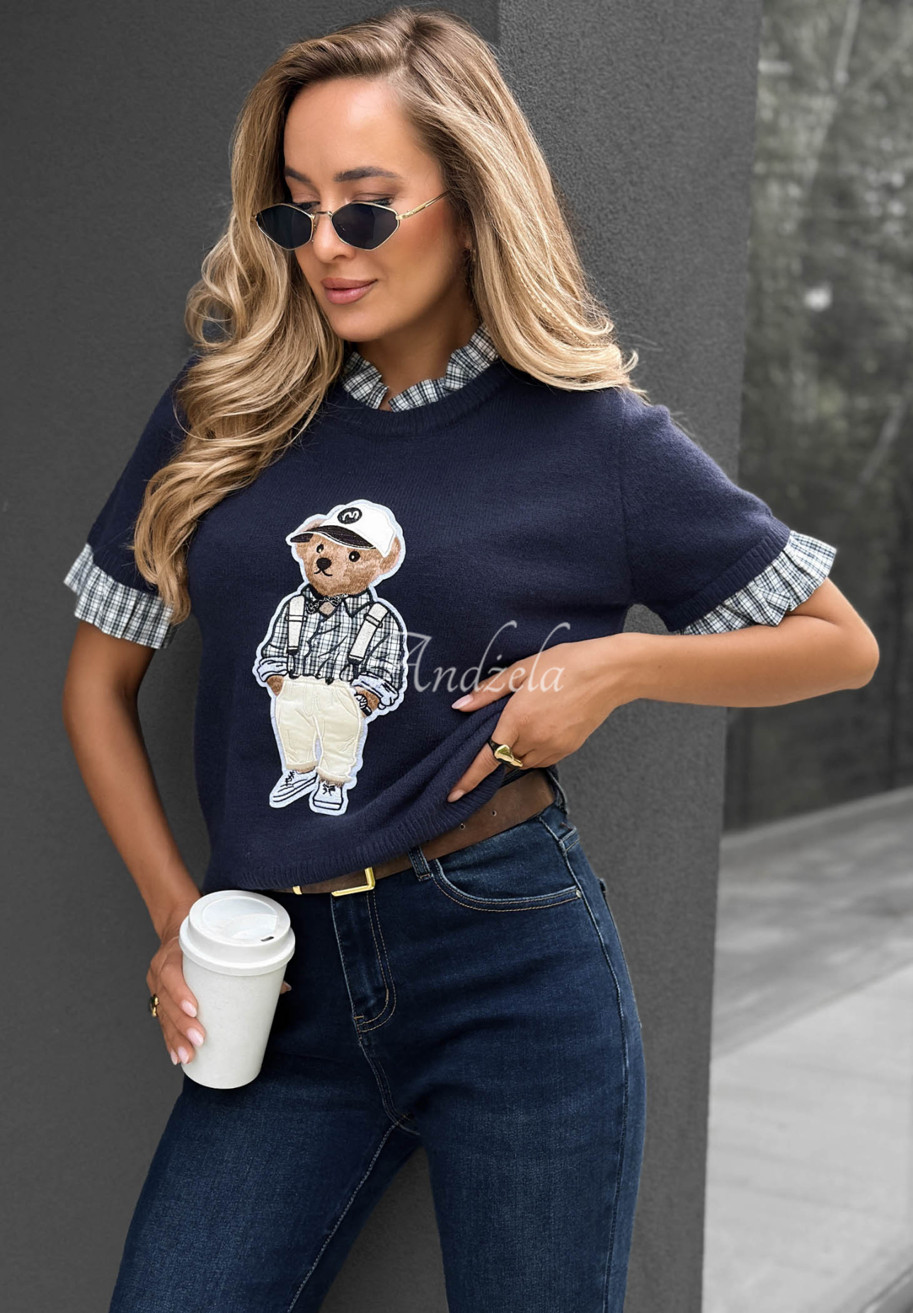 Wiskozowy sweter na krótki rękaw z misiem Little Teddy granatowy