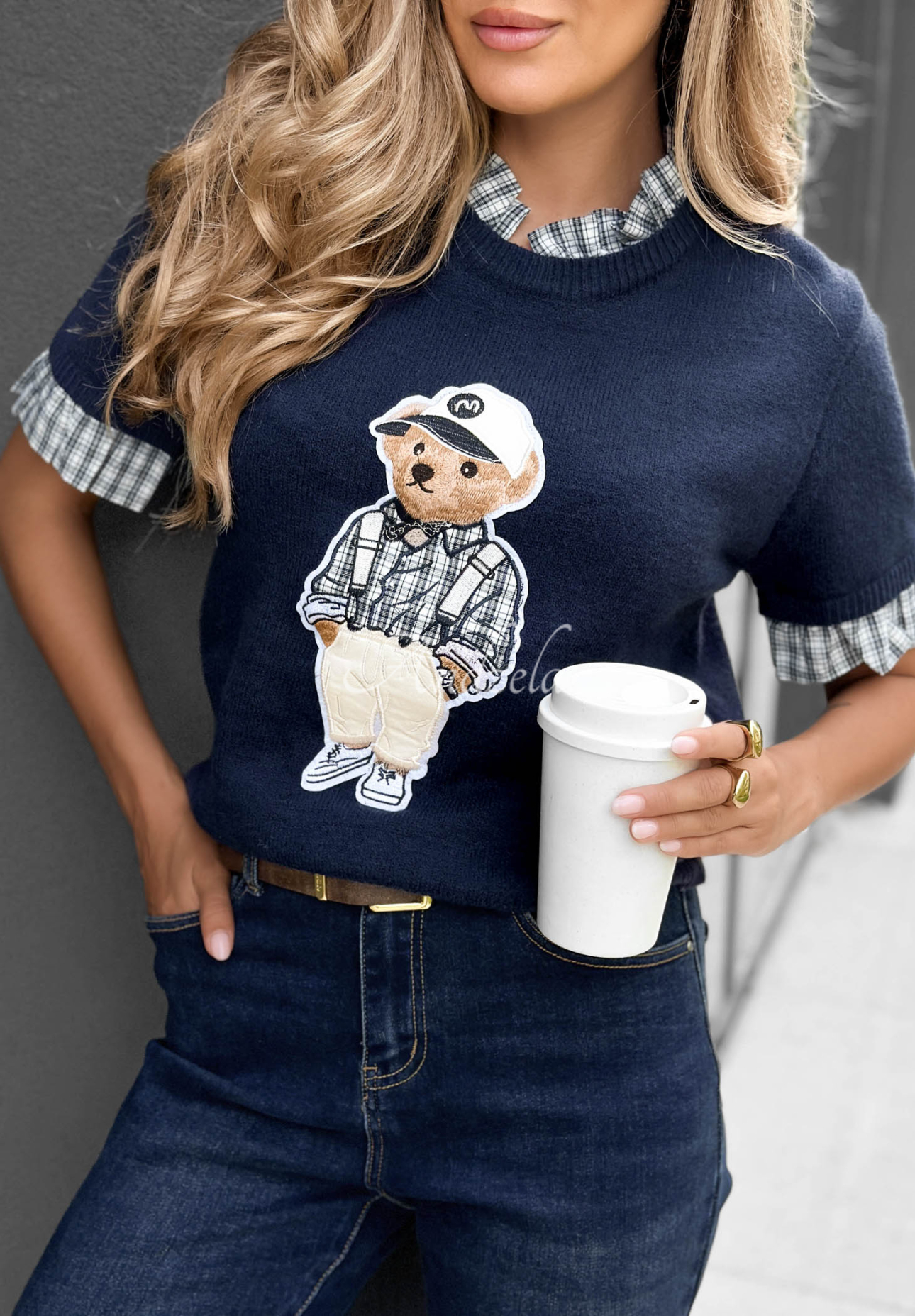 Navy blue viscose short-sleeve sweater with Little Teddy bear