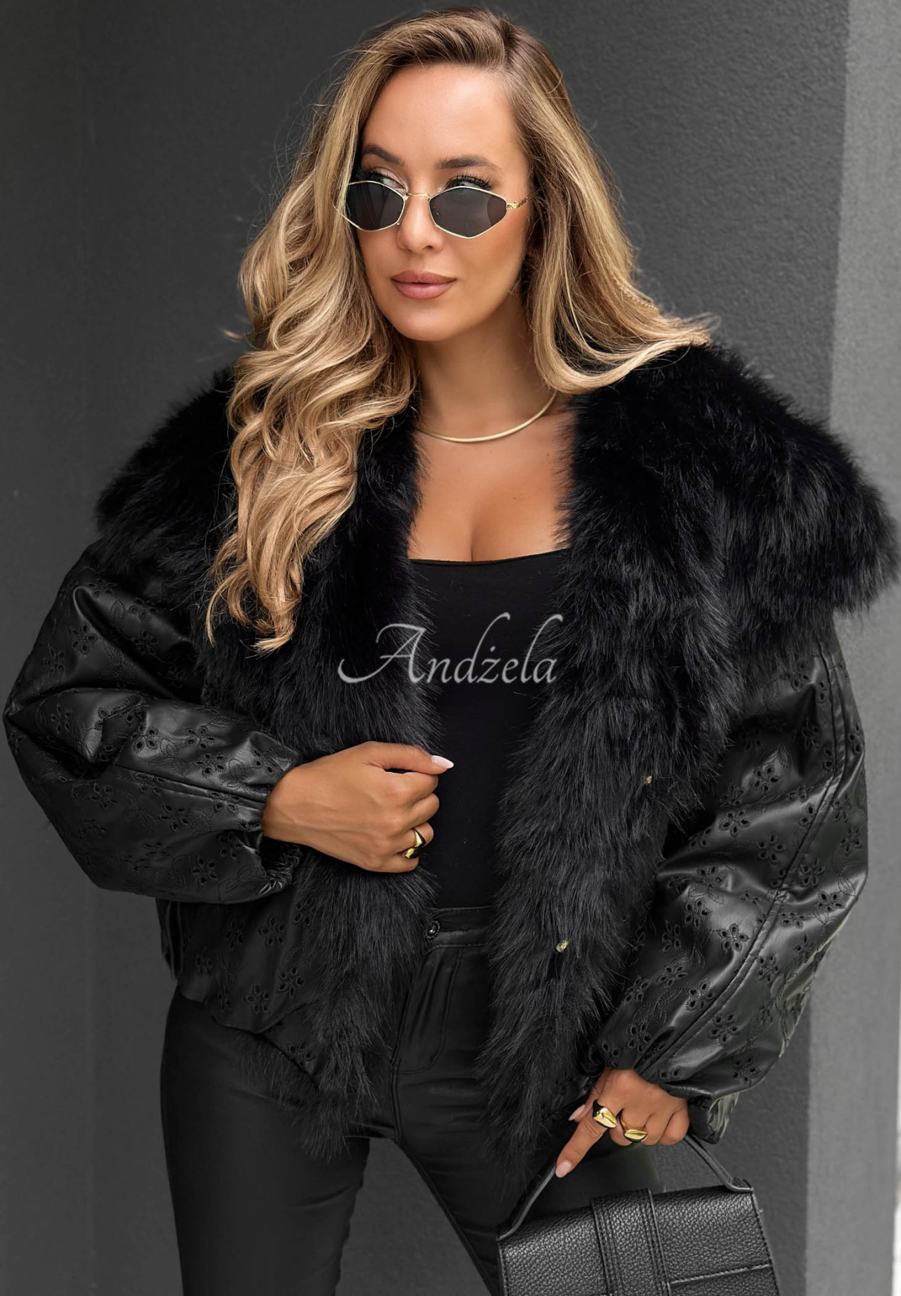 True Balance Black Patterned Jacket with Fur Trim