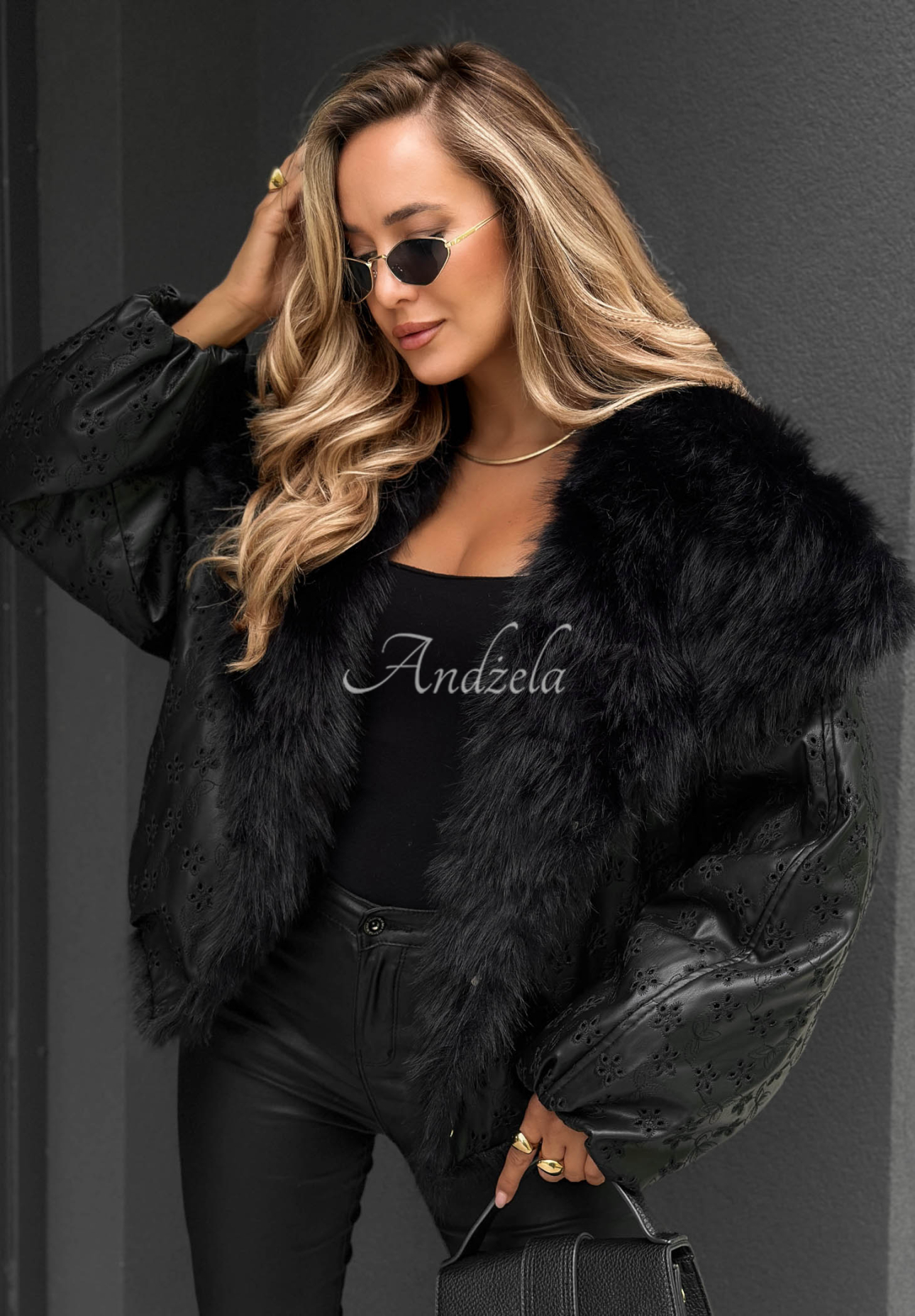 True Balance Black Patterned Jacket with Fur Trim