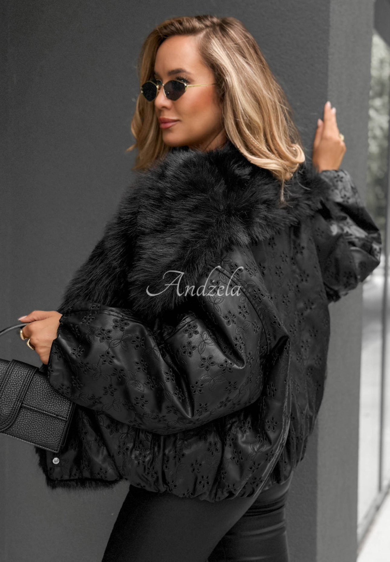 True Balance Black Patterned Jacket with Fur Trim