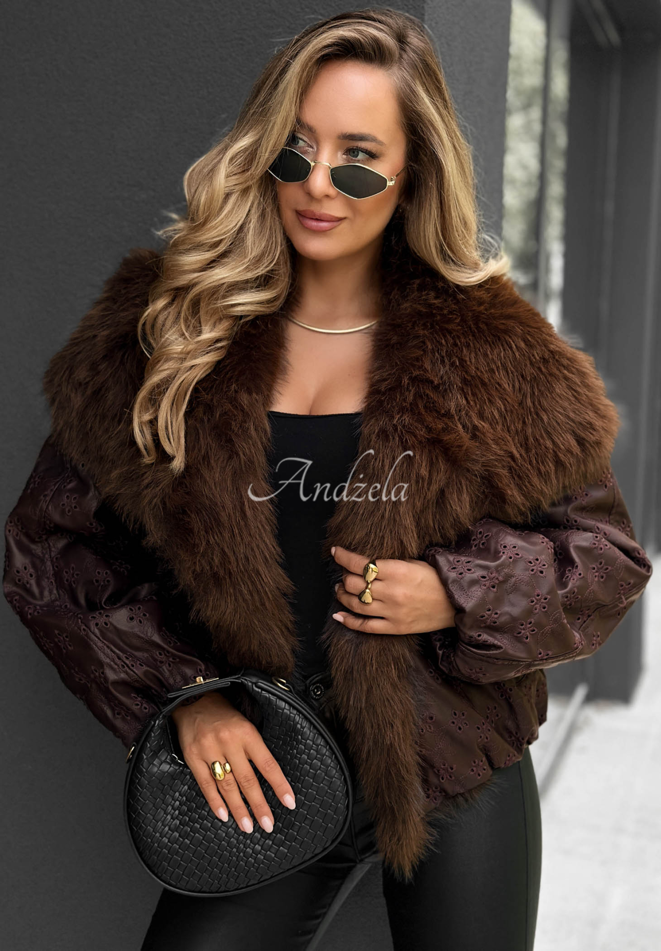 True Balance Patterned Jacket with Fur Trim, Chocolate Brown