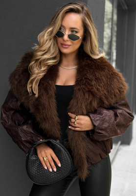 True Balance Patterned Jacket with Fur Trim, Chocolate Brown