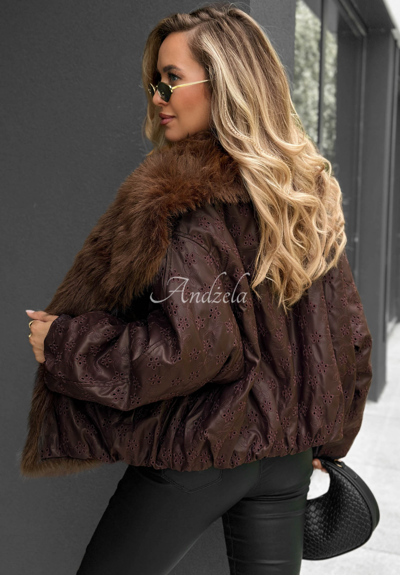 True Balance Patterned Jacket with Fur Trim, Chocolate Brown