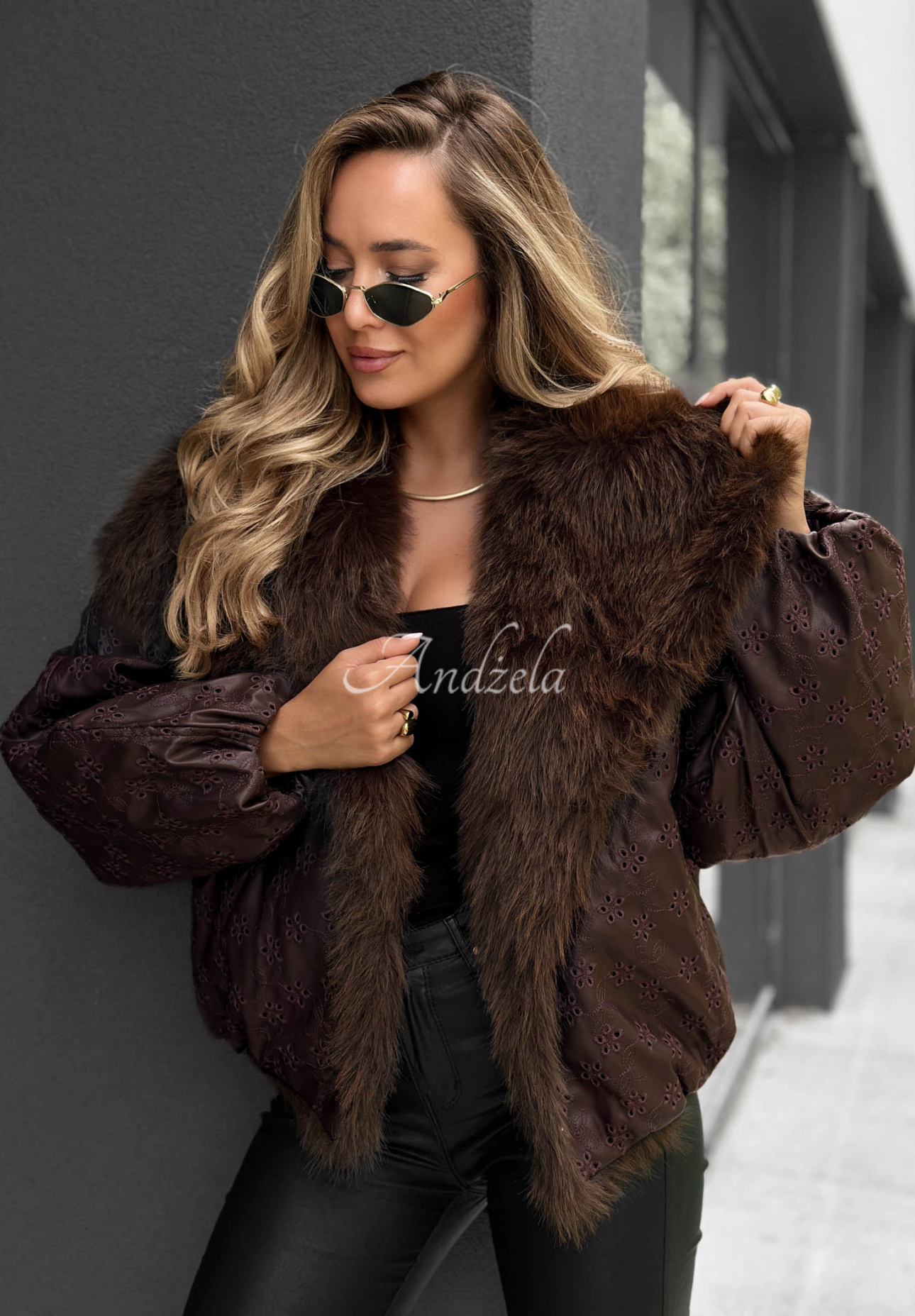 True Balance Patterned Jacket with Fur Trim, Chocolate Brown