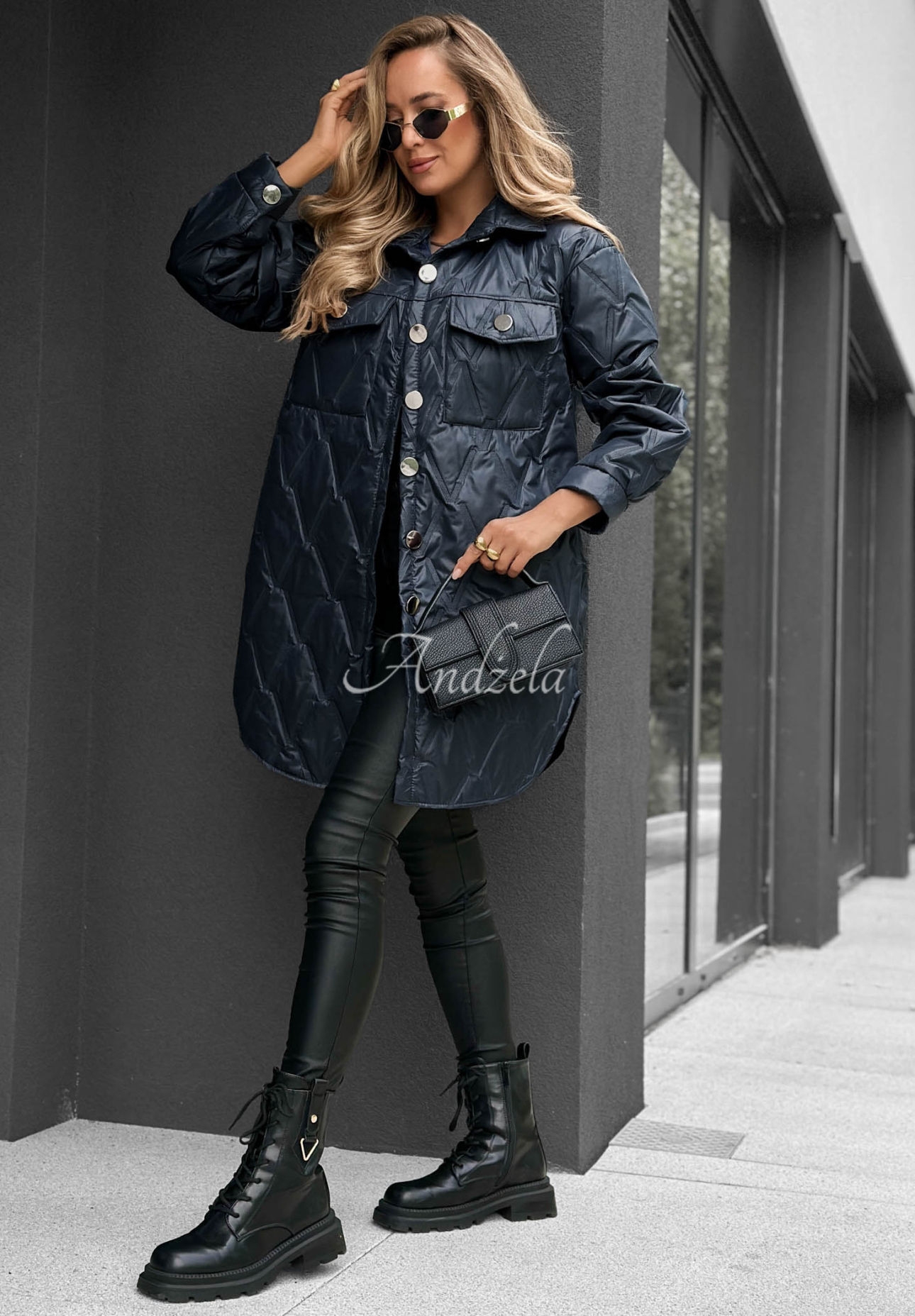 Alpine Whisper Long Quilted Jacket with Pockets, Navy Blue
