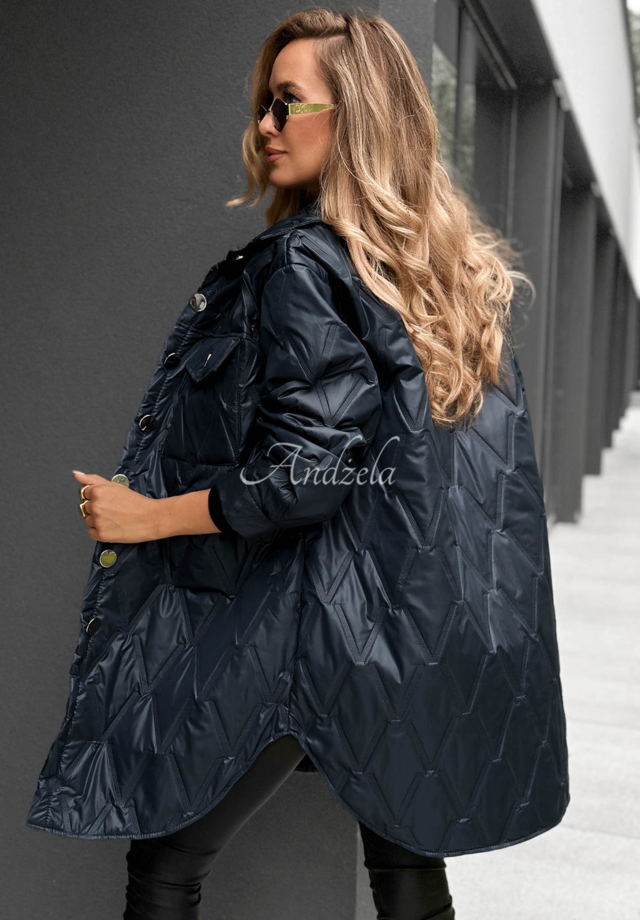 Alpine Whisper Long Quilted Jacket with Pockets, Navy Blue